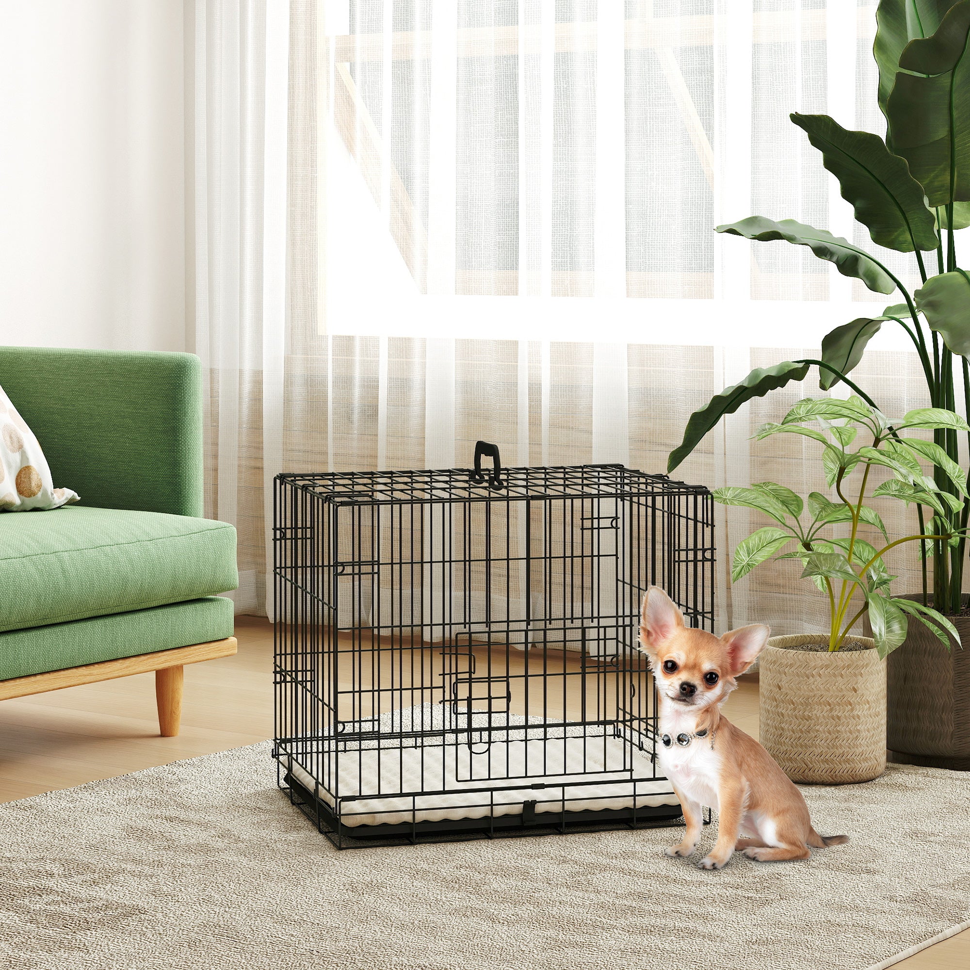 Foldable Dog Crate with Two Doors with Tray, Soft Cushion, for Extra Small Dogs, 60 x 40 x 50, Black