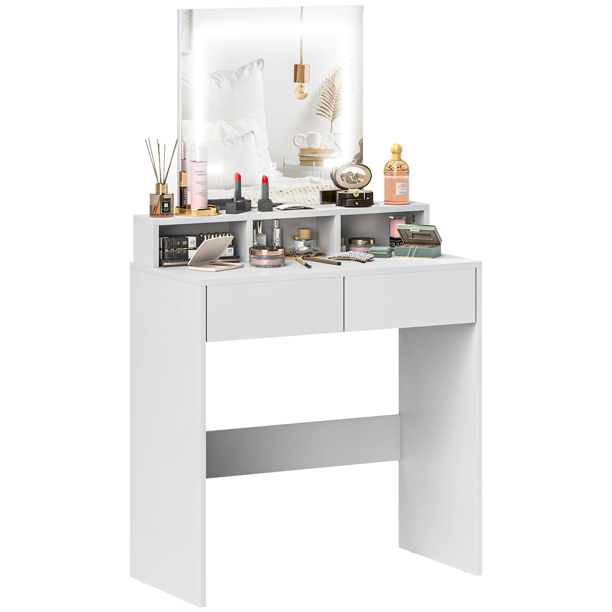 Modern Dressing Table with LED Mirror and Storage Drawers - White