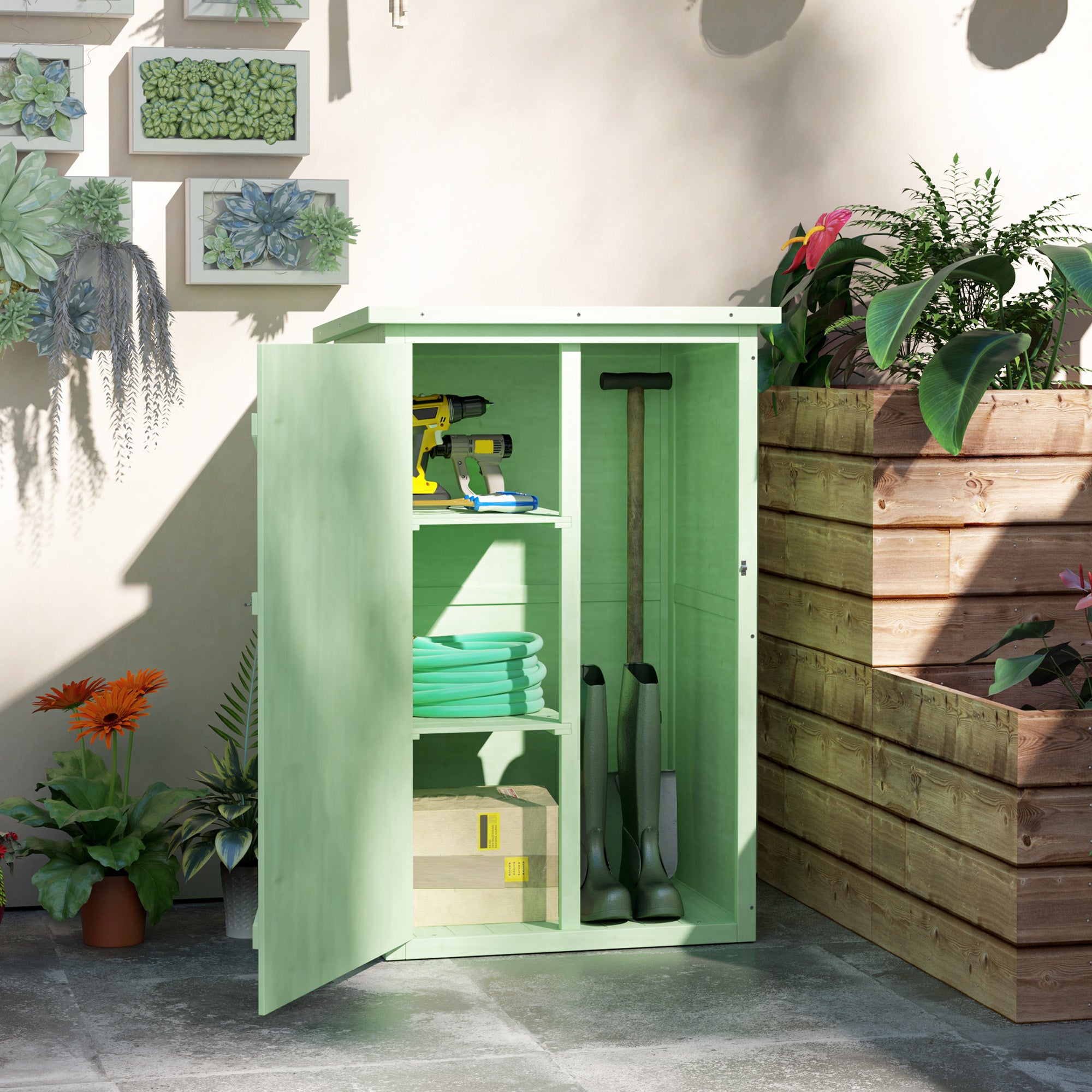 Small Wooden Garden Storage Shed with Shelves and Bolt Latch - Green