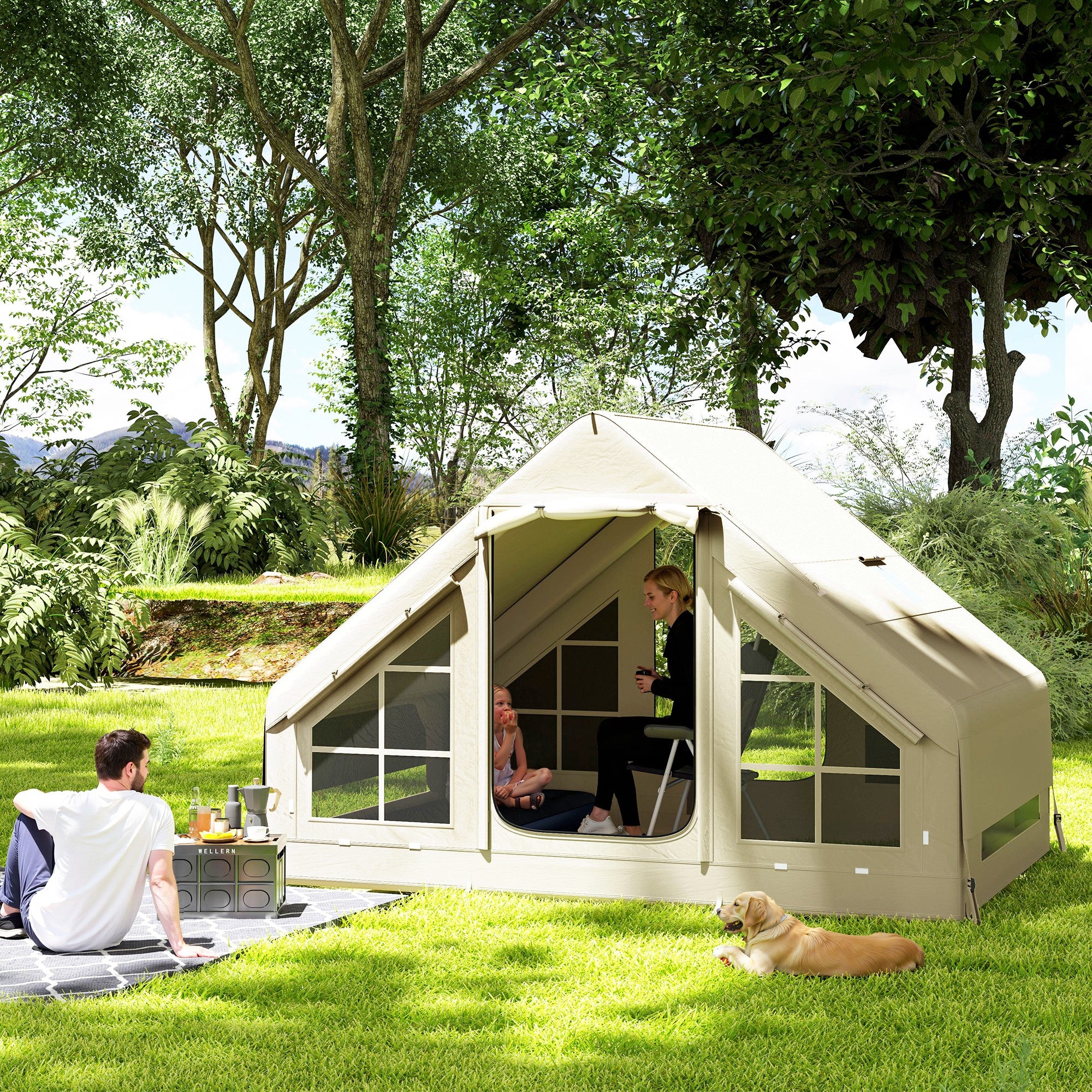 Inflatable 2-4 Person Camping Tent with Pump, Waterproof, Mesh Windows & Carry Bag - Beige