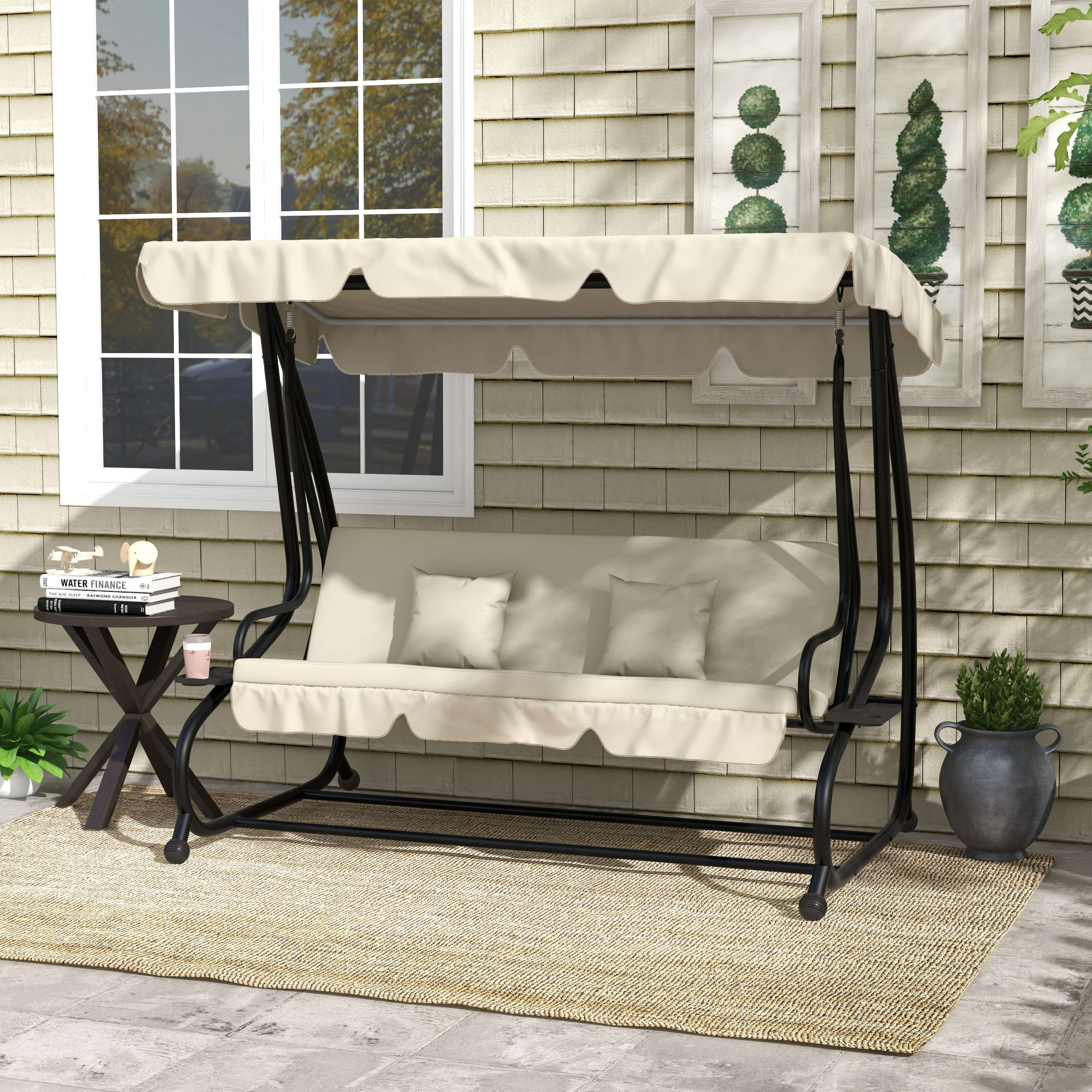 Convertible Three-Seater Swing Chair Bed with Canopy and Cushions - Cream