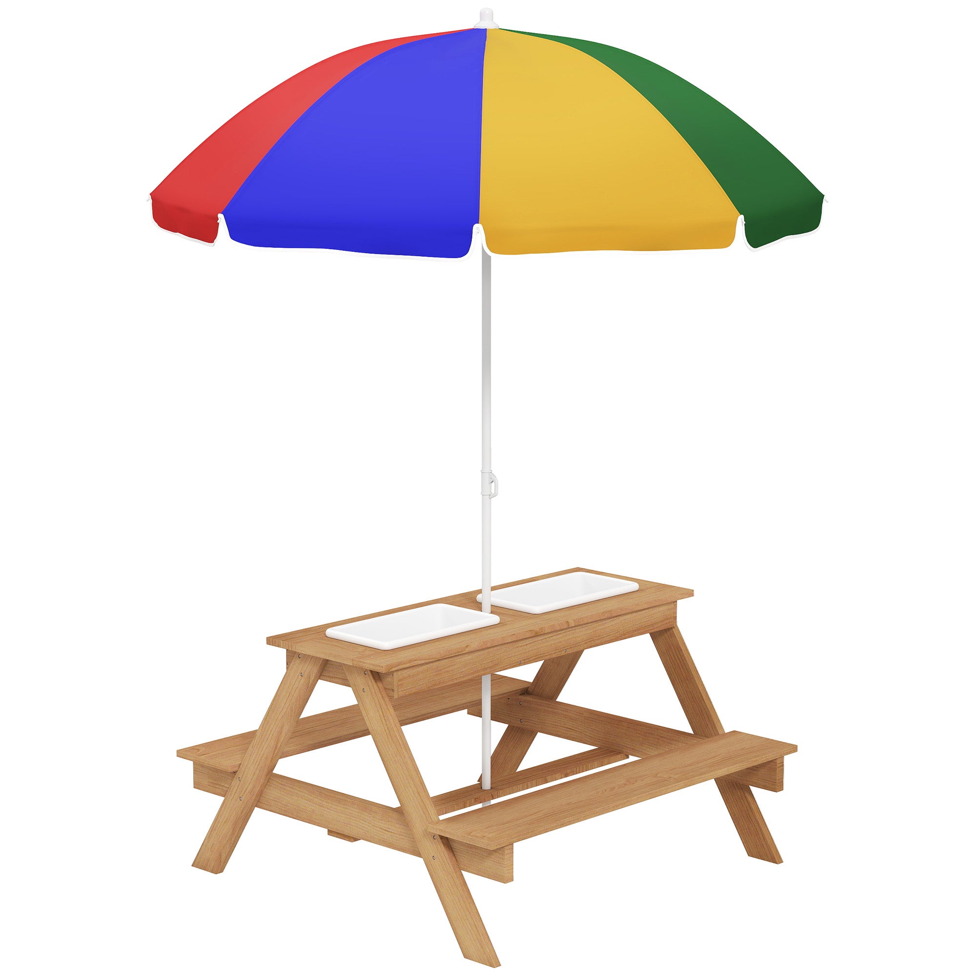 Kids Picnic Table Set with Sand and Water Bins Adjustable Parasol Multicolour