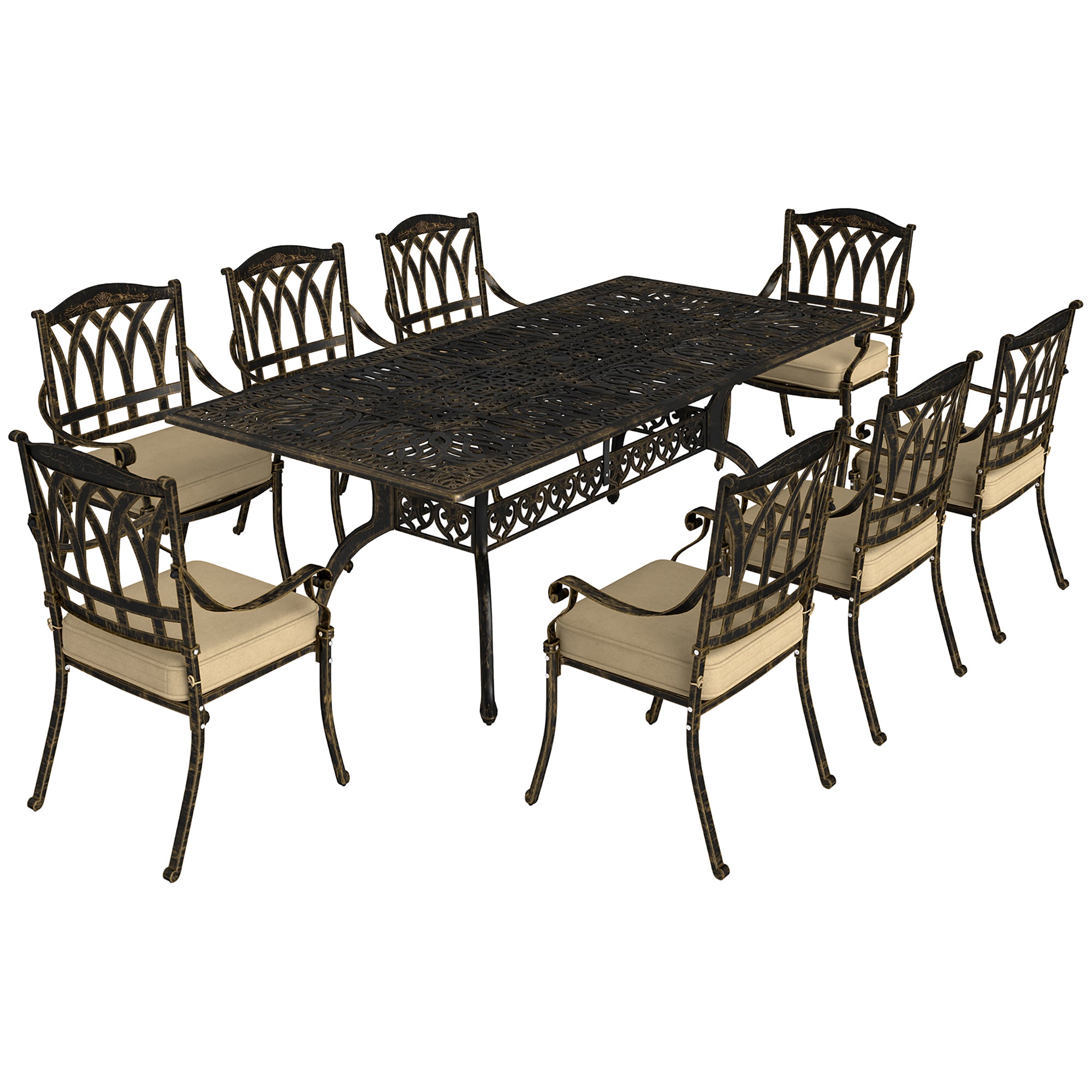 Nine-Piece Cast Aluminium Garden Dining Set with Cushions - Bronze Tone