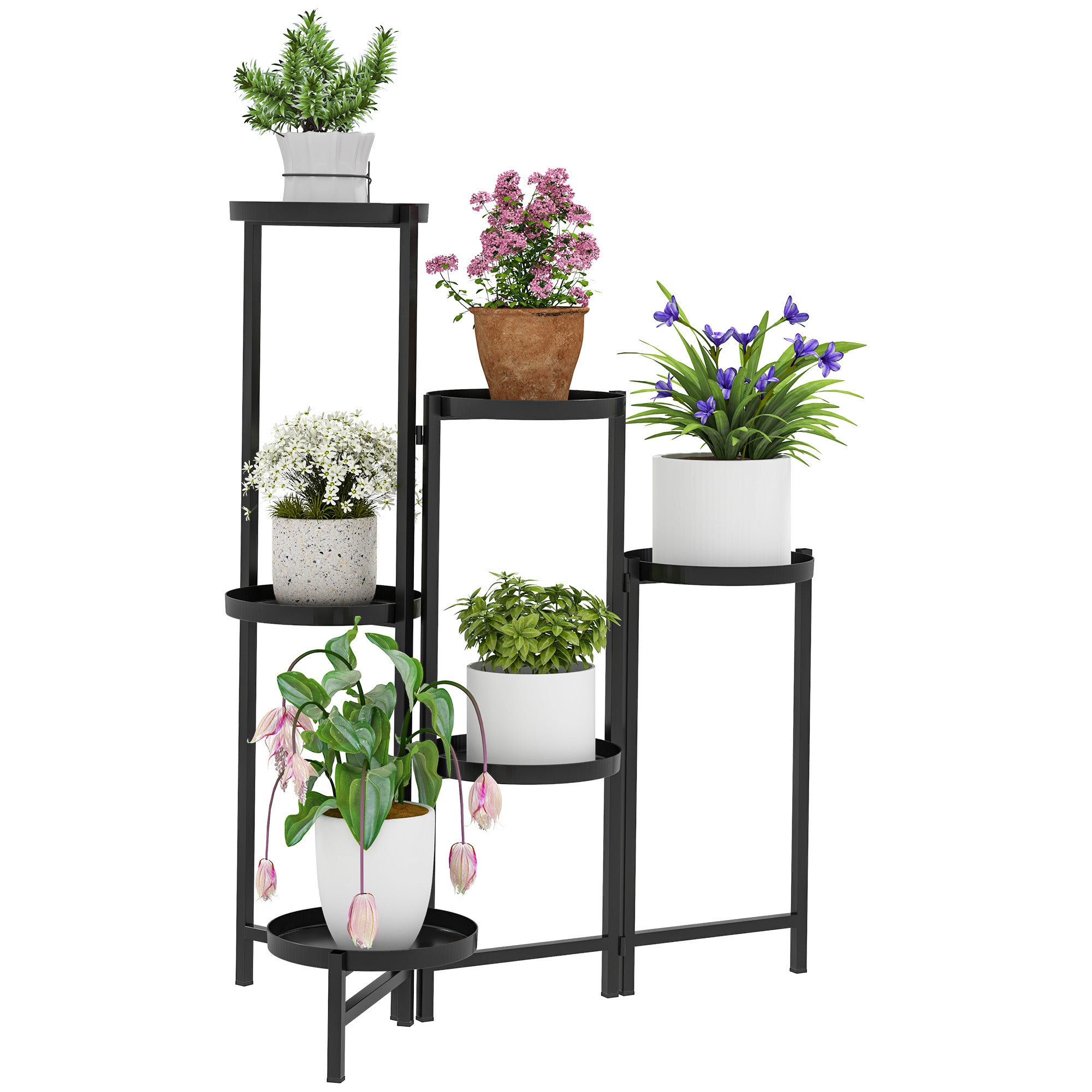 3 Tier Foldable Metal Plant Stand for Indoor Outdoor Use - Black