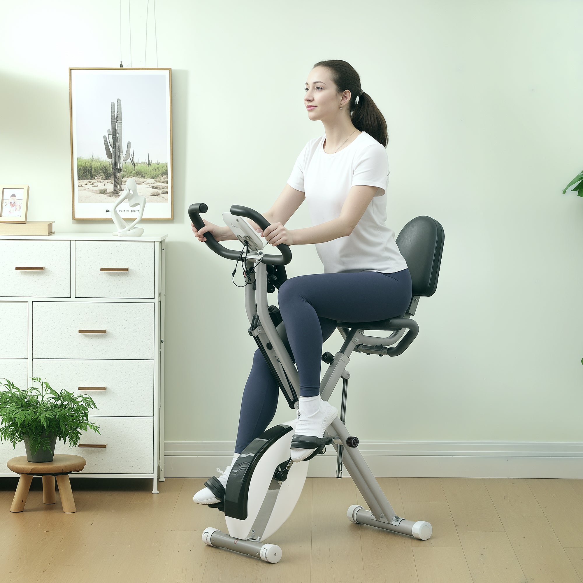 5-In-1 Foldable Exercise Bike with Magnetic Resistance and Arm Bands - White