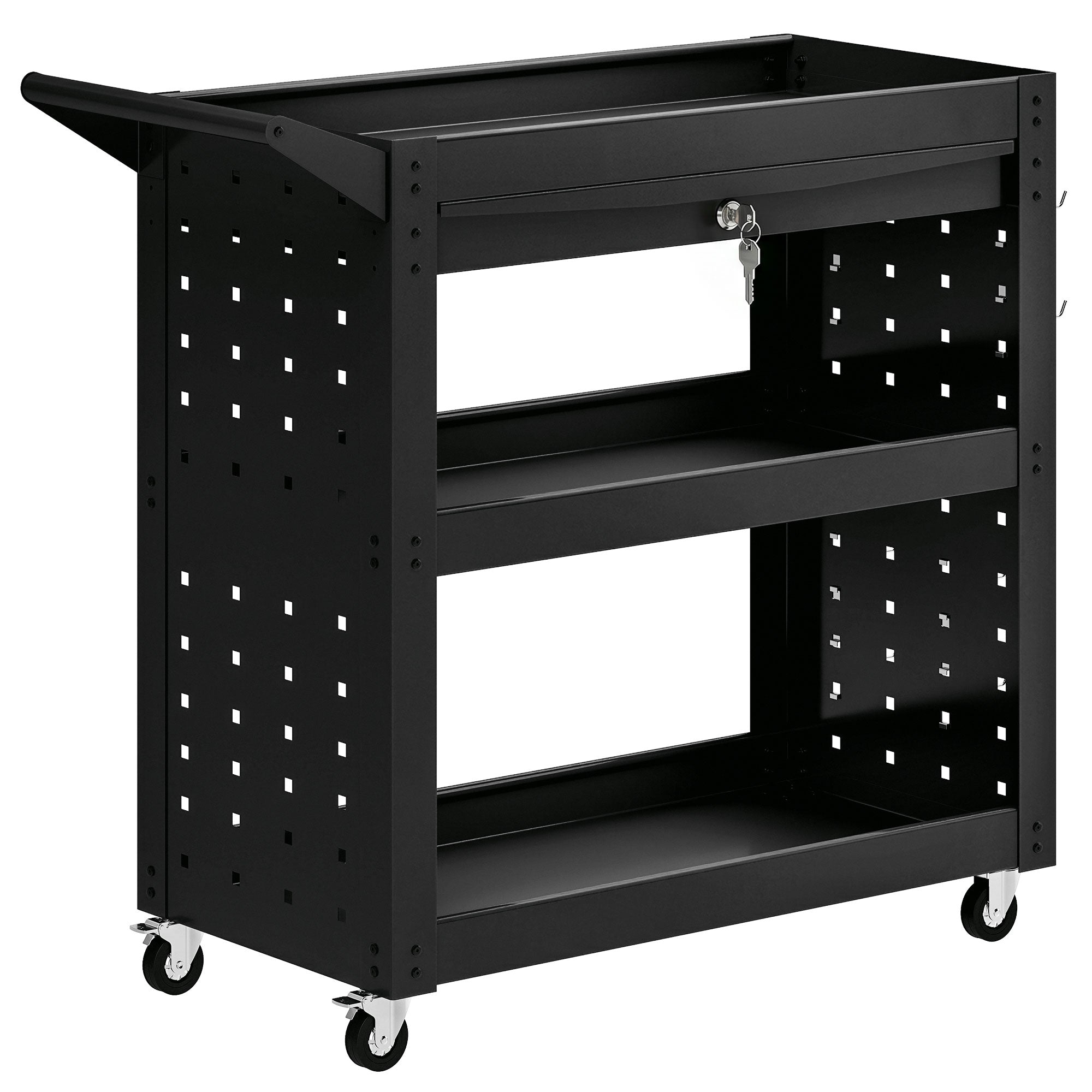 Tool Cart with Lockable Wheels, Rolling Workshop Cart with 3-Tier Trays, Drawer, Pegboards, Black