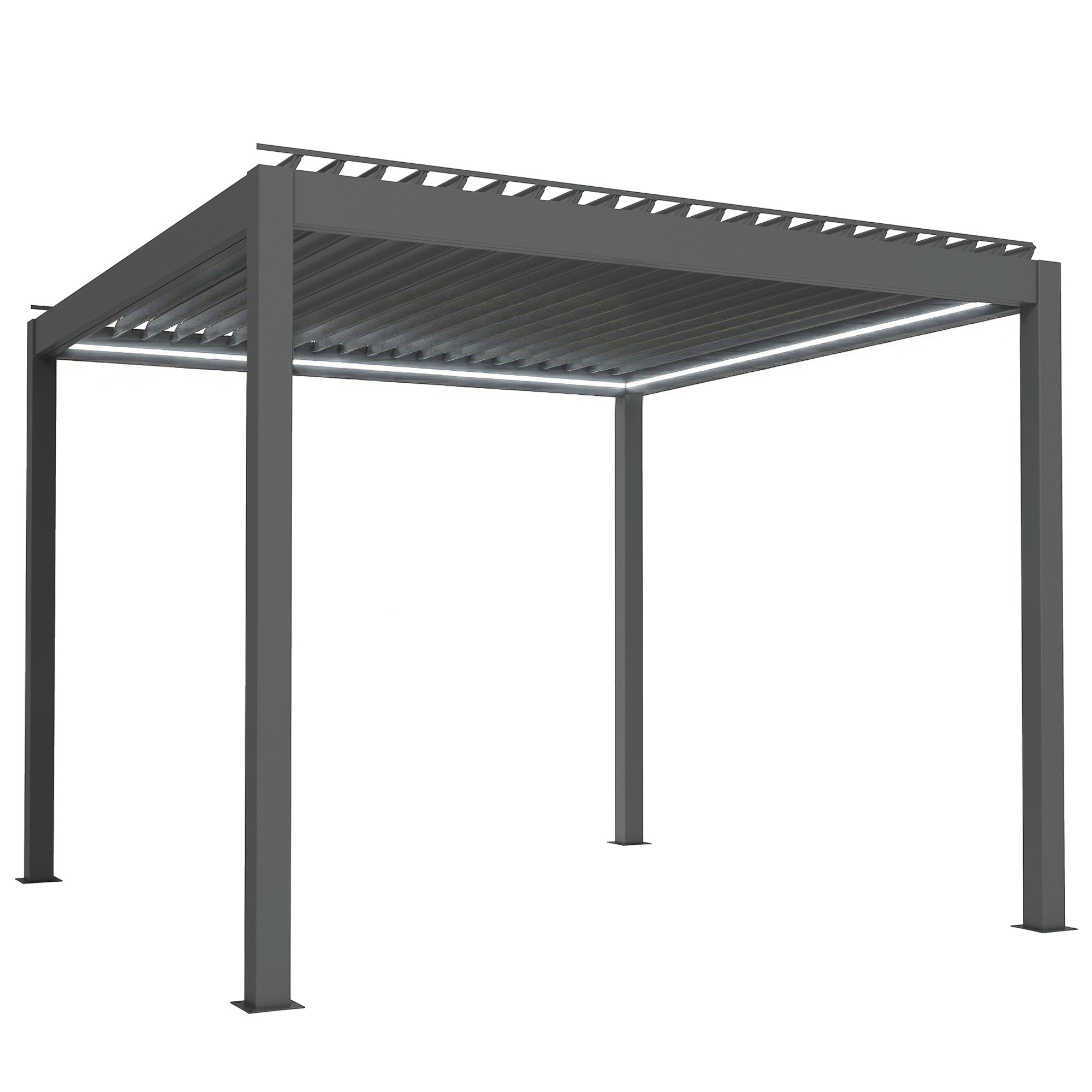 3 x 3(m) Electric Louvered Pergola with LED Lights, Aluminium Pergola Hardtop Gazebo with Remote, Adjustable Roof and Drainage System, Water and UV Proof