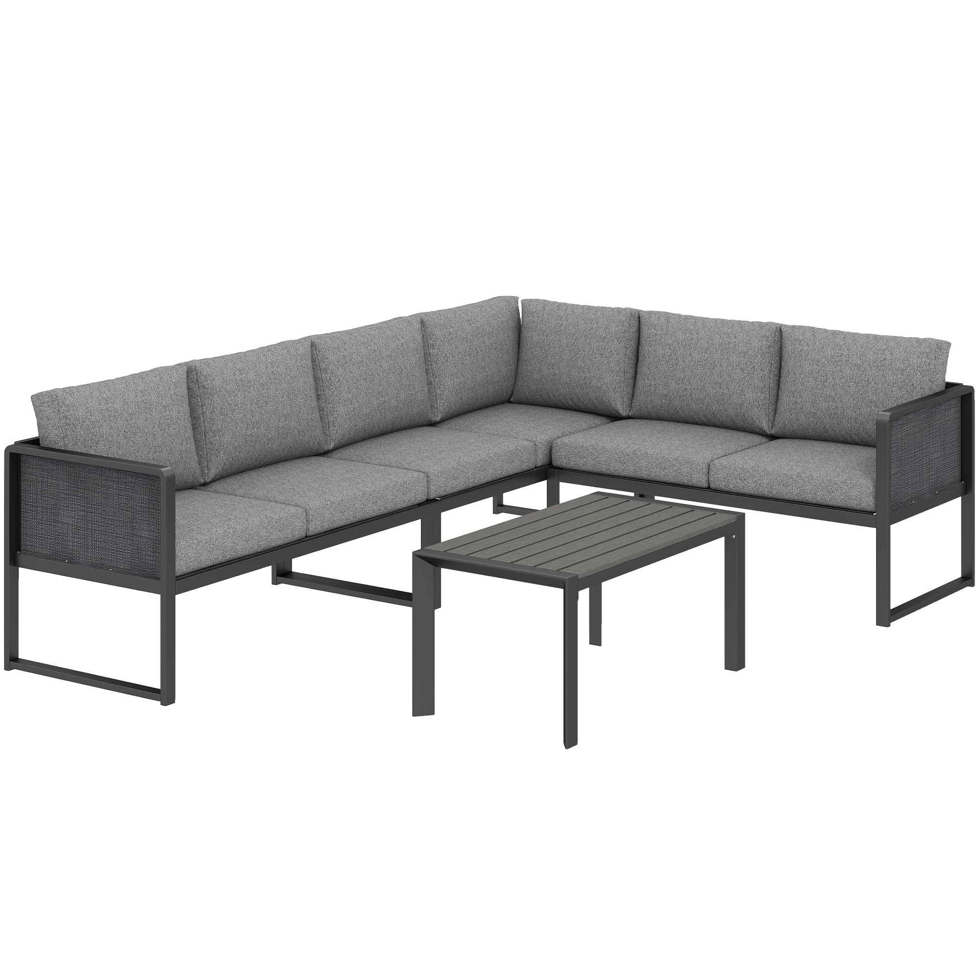 6 Seater Metal Garden Furniture Corner Sofa Set with 3 Loveseats, Faux Wood Table, Texteline Seat, Cushions, Dark Grey