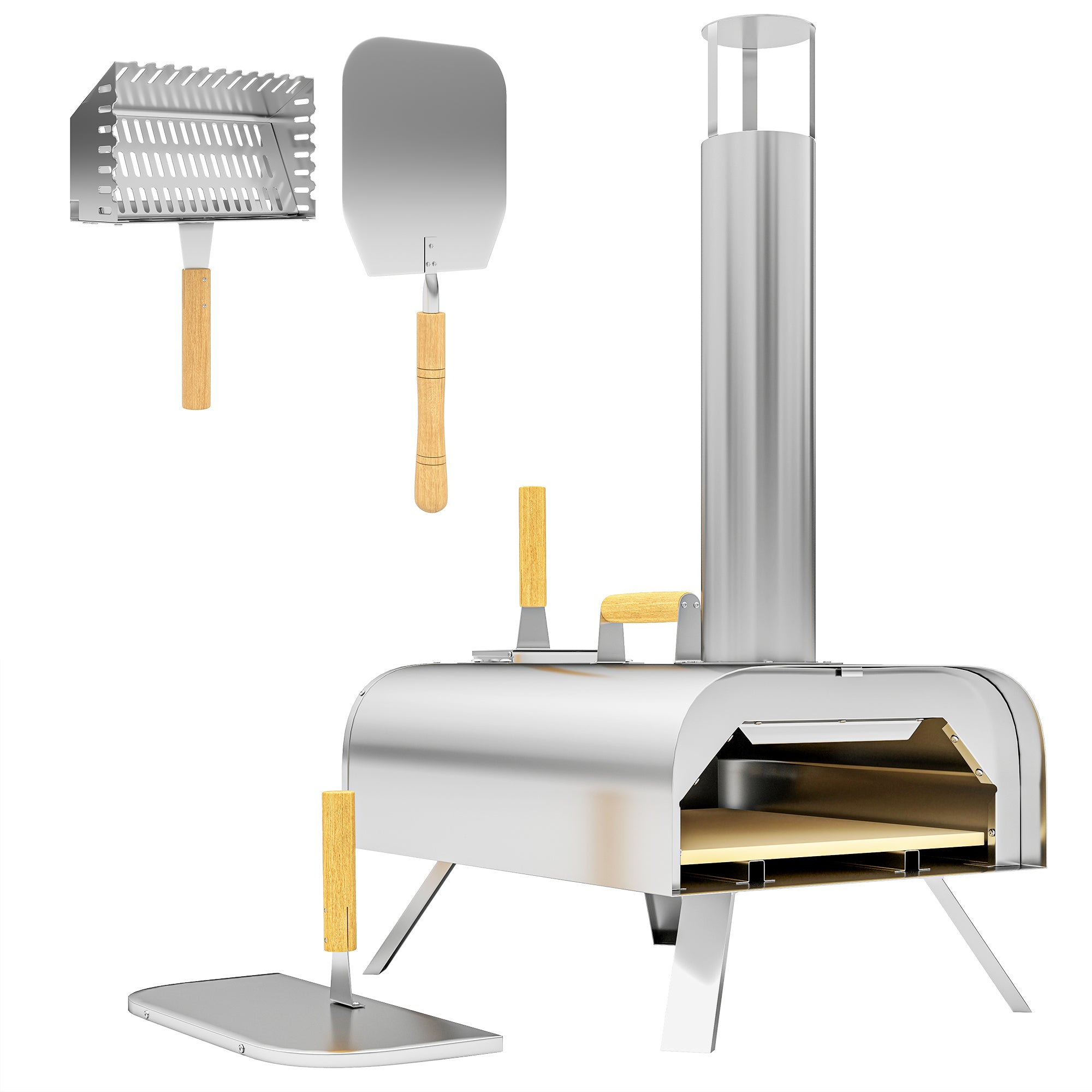 12 Inch Portable Wood Fired Pizza Oven with Foldable Legs and Stainless Steel Body - Silver Tone