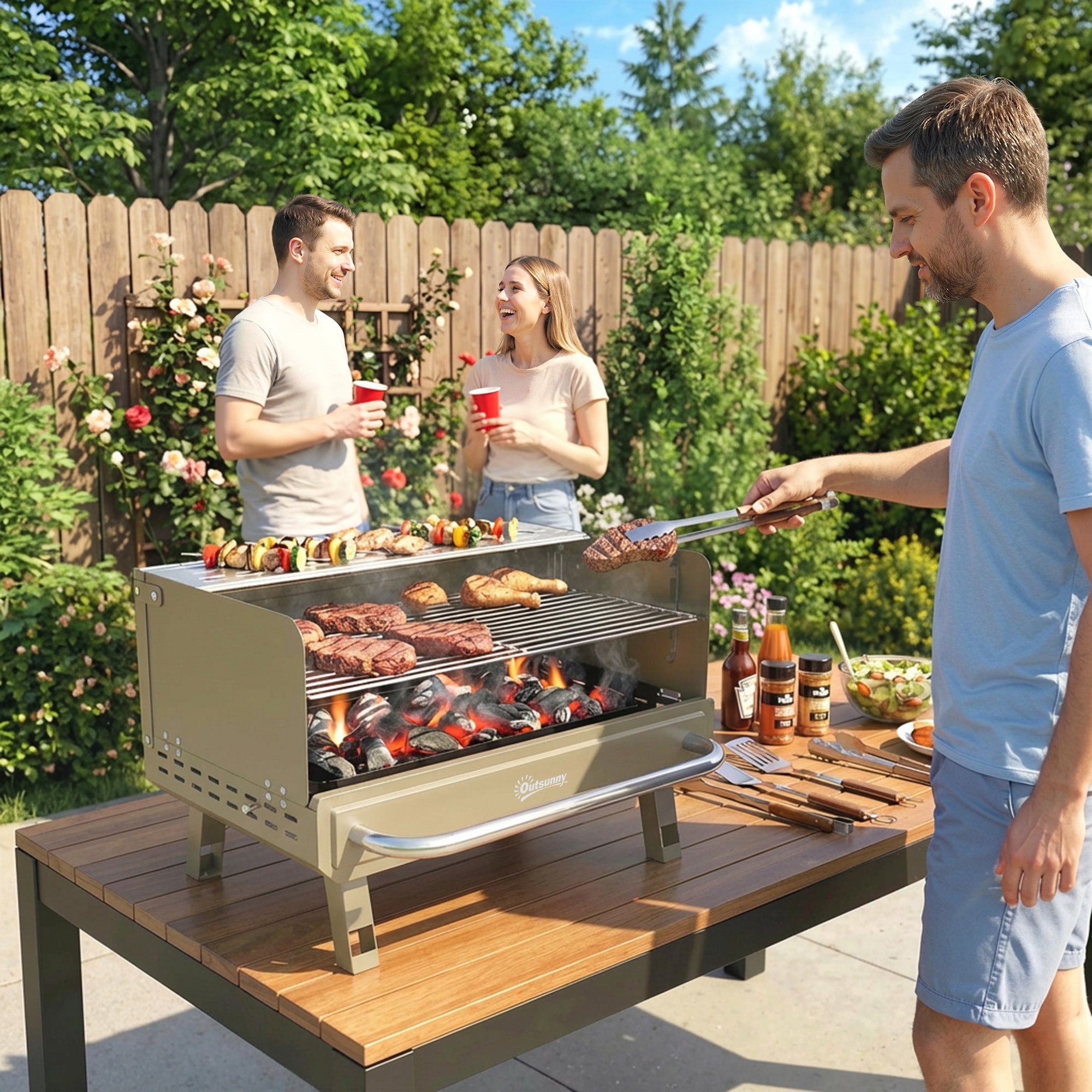Portable BBQ Grill, Charcoal Barbecue Grill with Adjustable Grates, Foldable Legs, Side Shelf for Camping Travel, Khaki