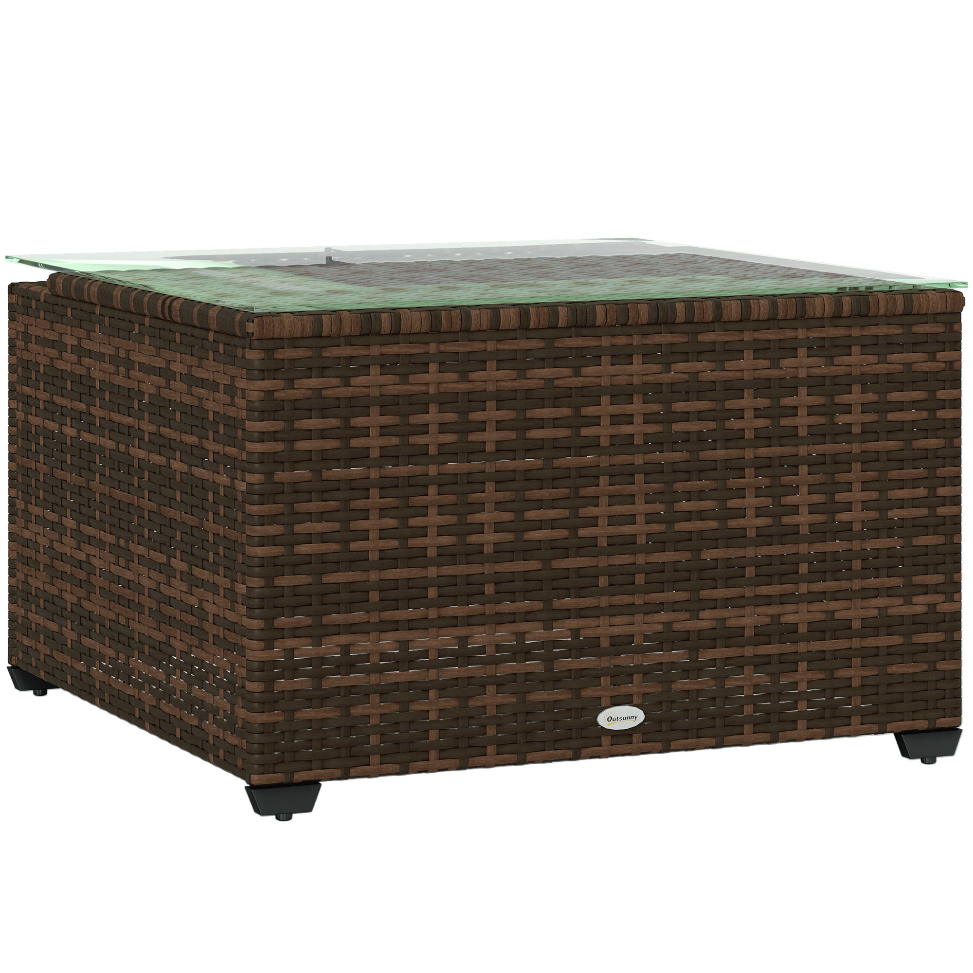 62cm Rattan Side Table with Tempered Glass Top - Brown