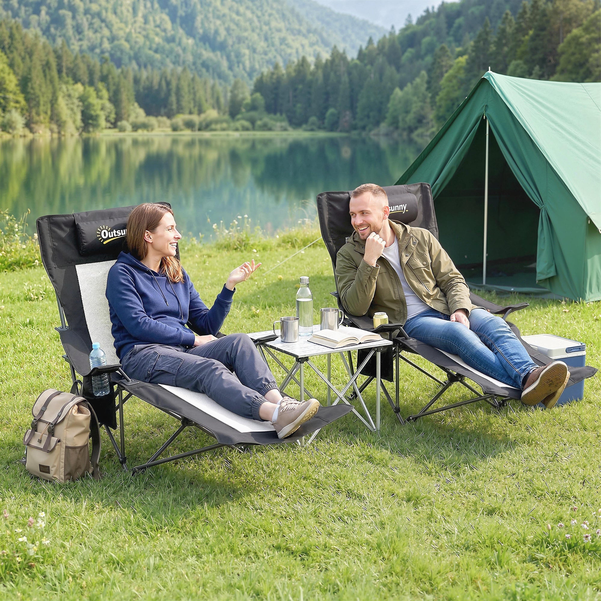Camping Chair Reclining Portable Camp Chair with Detachable Footrest Cup Holder Black