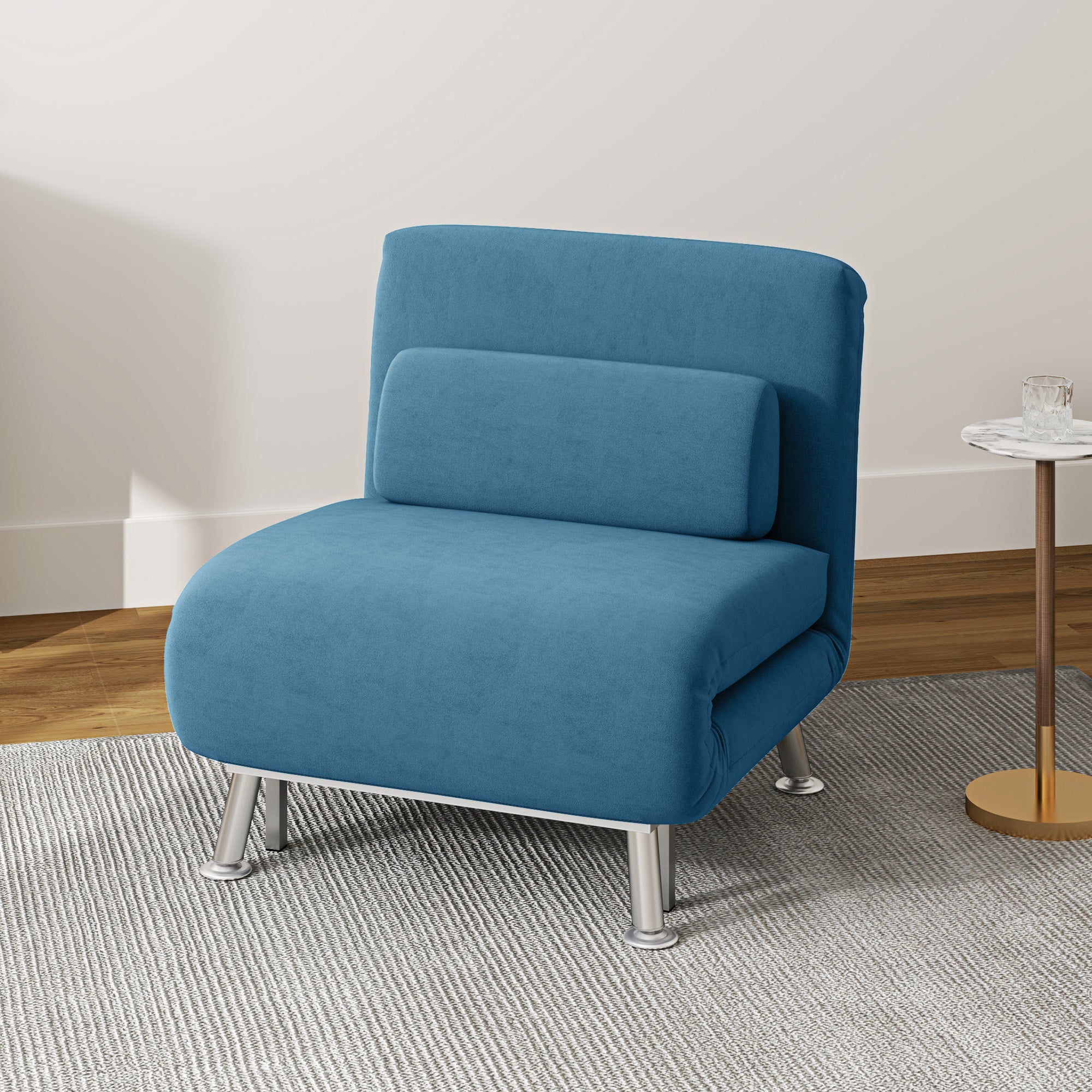 Single Velvet-Feel 3-in-1 Sleeper Chair with Adjustable Backrest - Blue
