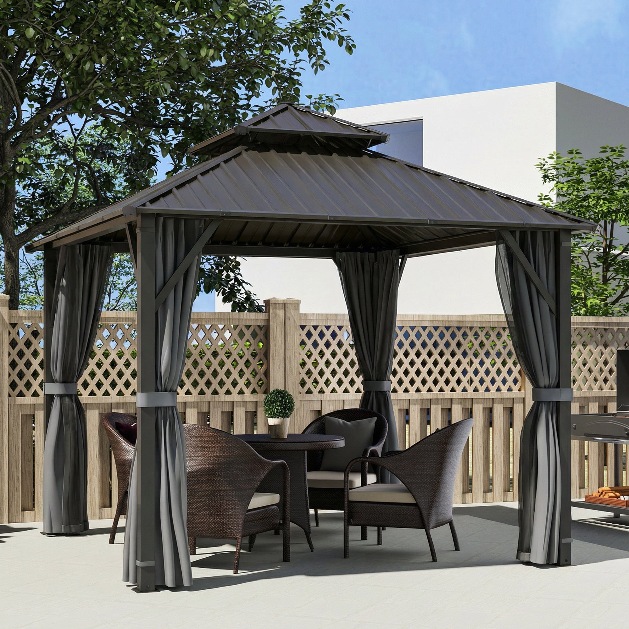 3 x 3(m) Hardtop Gazebo Canopy with Metal Roof, Waterproof Permanent Pavilion Garden Gazebo with Netting, Curtains, Grey