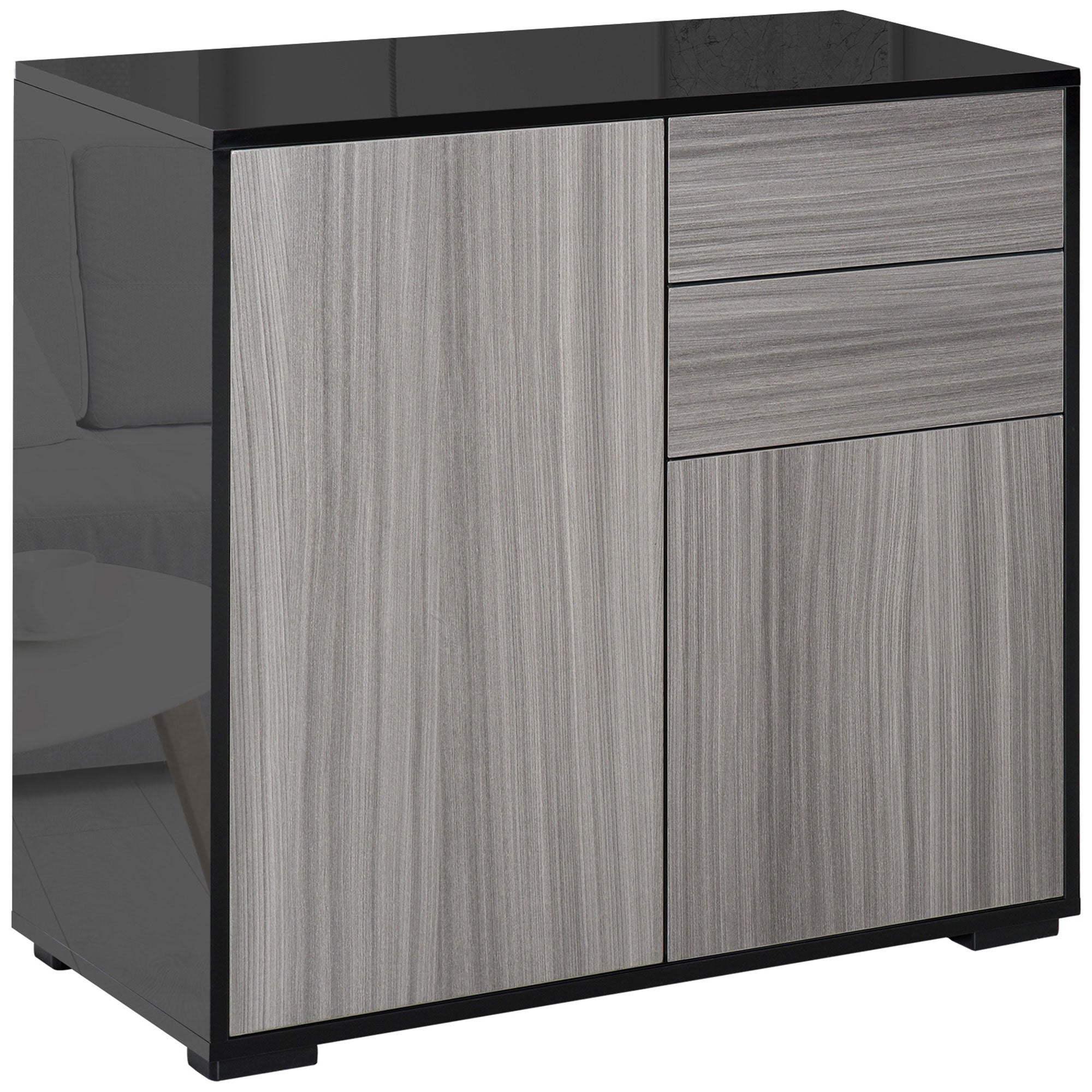 High Gloss Frame Sideboard, Side Cabinet, Push-Open Design with 2 Drawer for Living Room, Bedroom, Light Grey and Black
