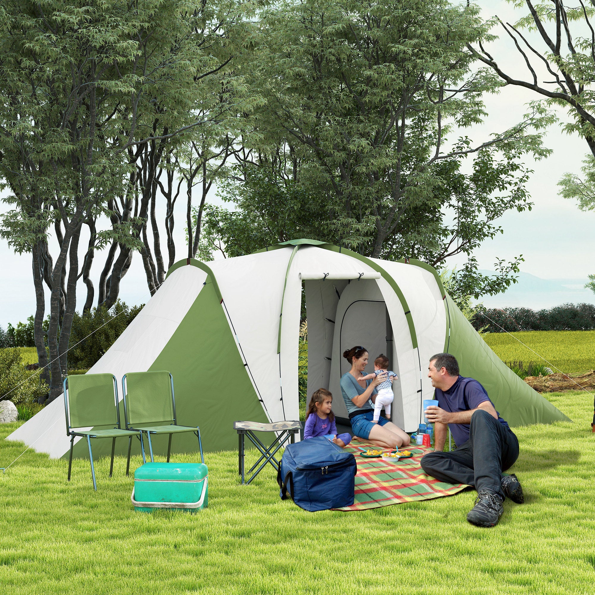 Large Waterproof Camping Tent with 2 Bedrooms and Living Area - Green