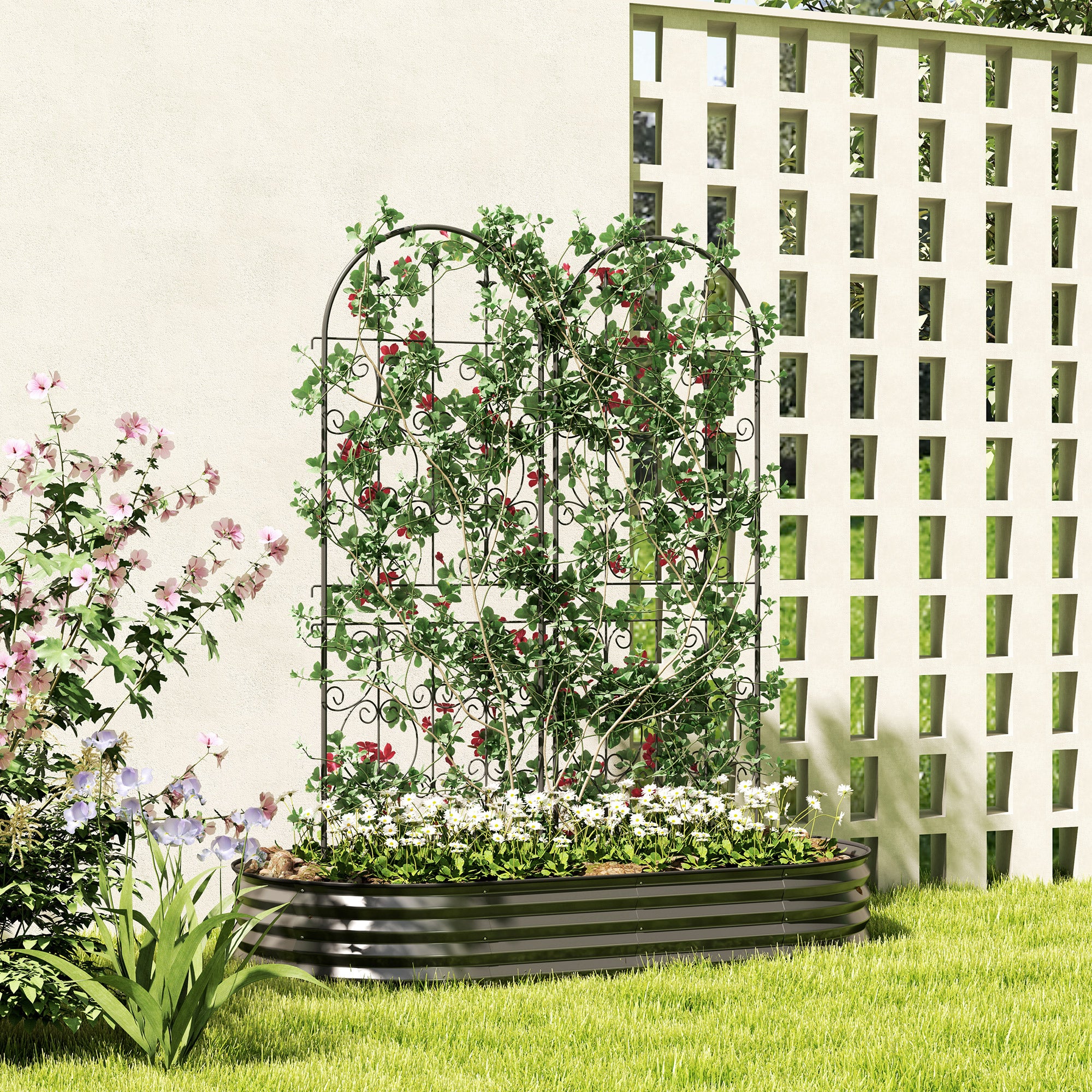 Set of 2 Metal Garden Trellis Panels with Scrollwork Design 50x150cm - Black