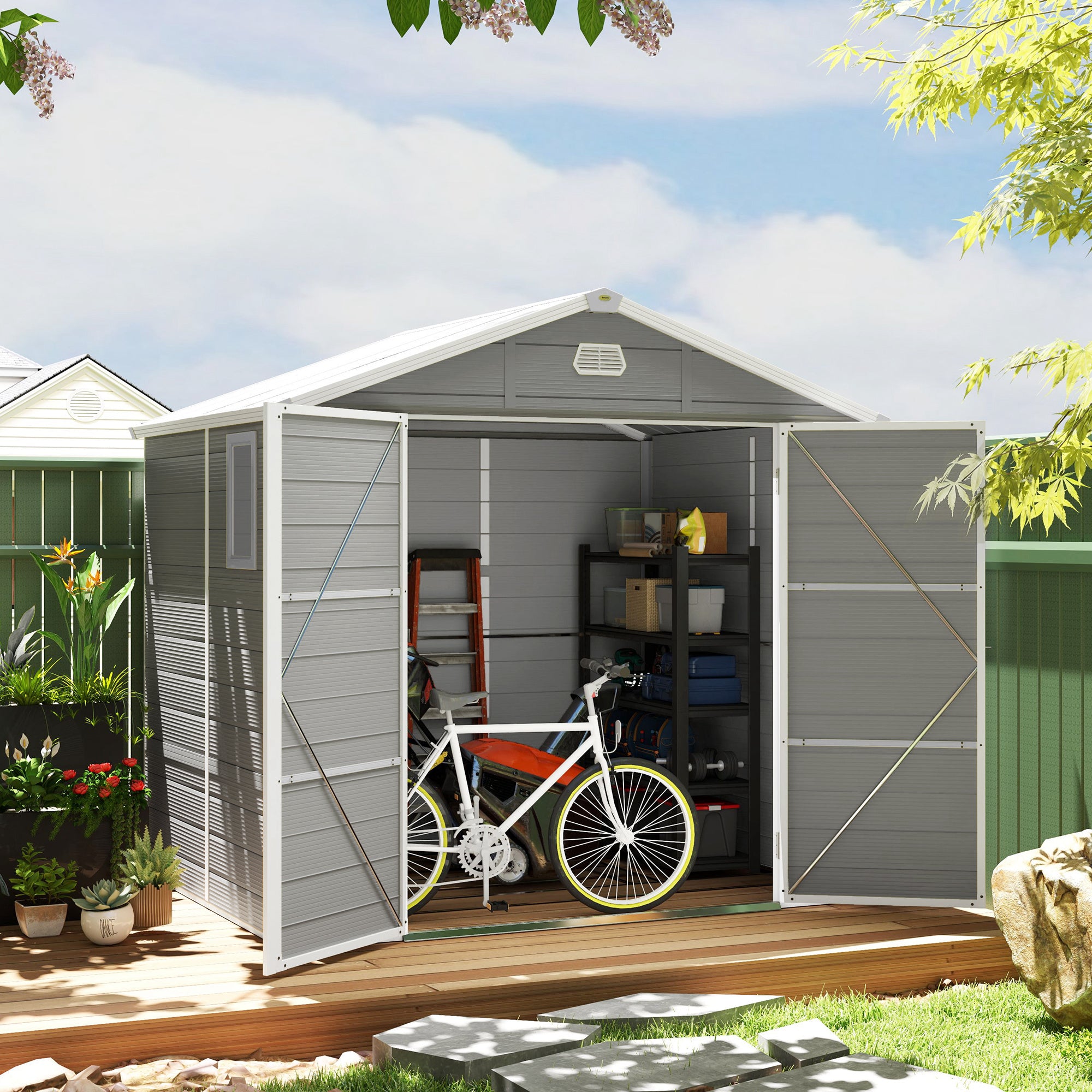 7.9ft x 6.2ft Aluminium Frame Garden Storage Shed with Foundation - Light Grey