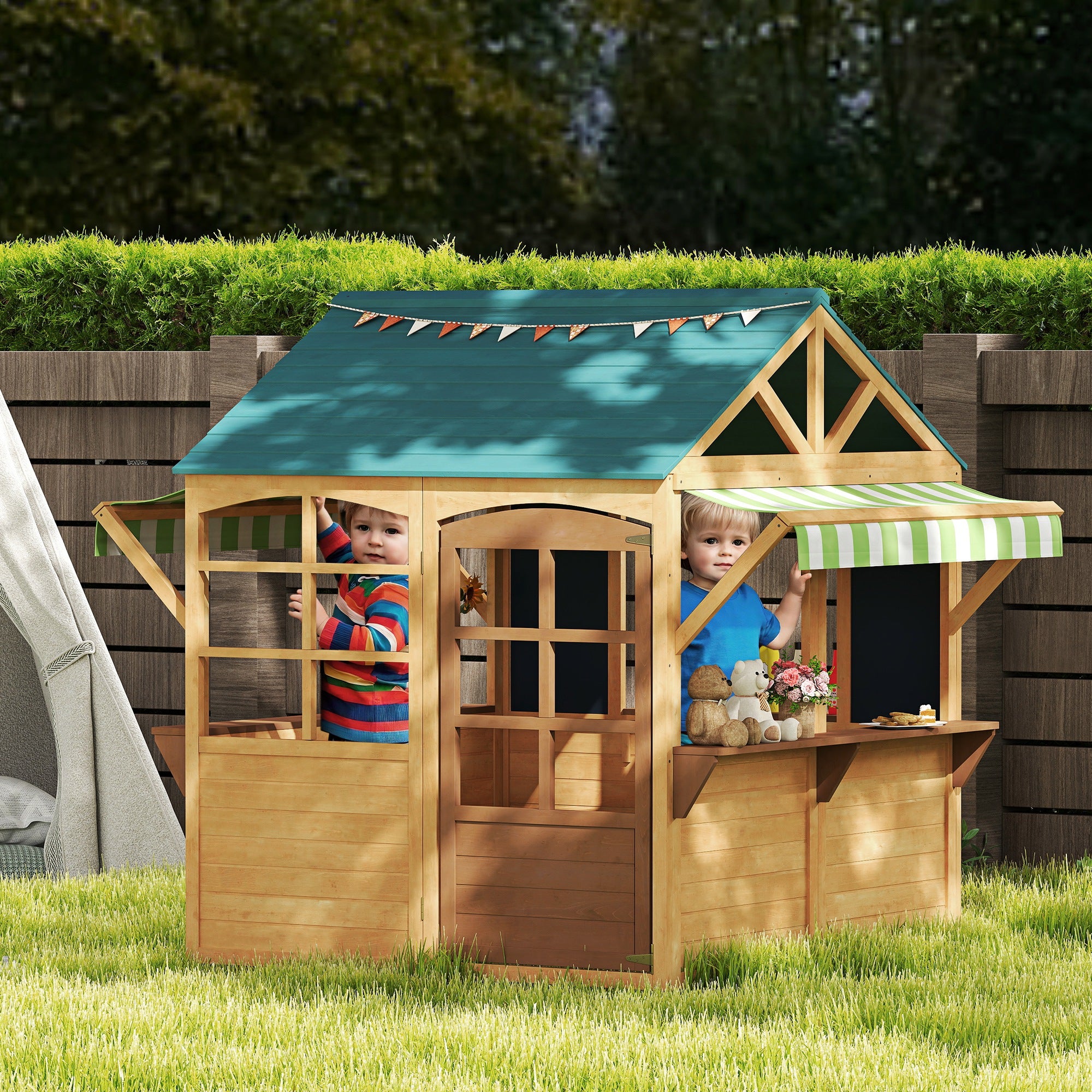 Wooden Playhouse for Kids, Foldable Wendy House with Windows, Working Door, Service Stations, Rain Covers, Brown