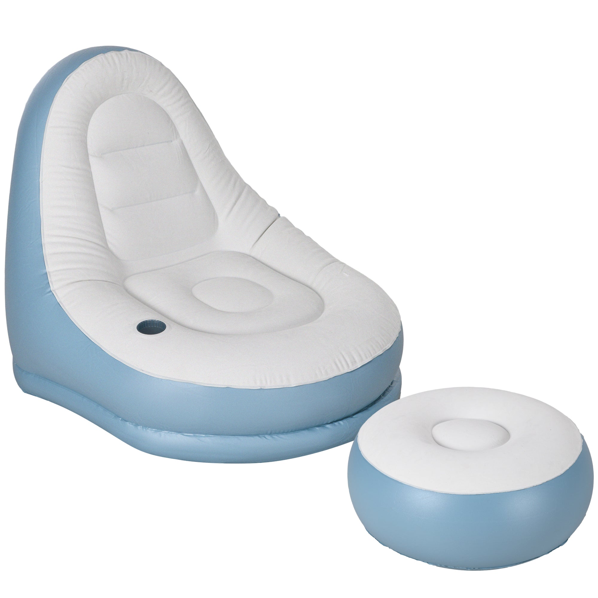 Comfortable Inflatable Tub Chair with Footstool and Cup Holder - Blue/White