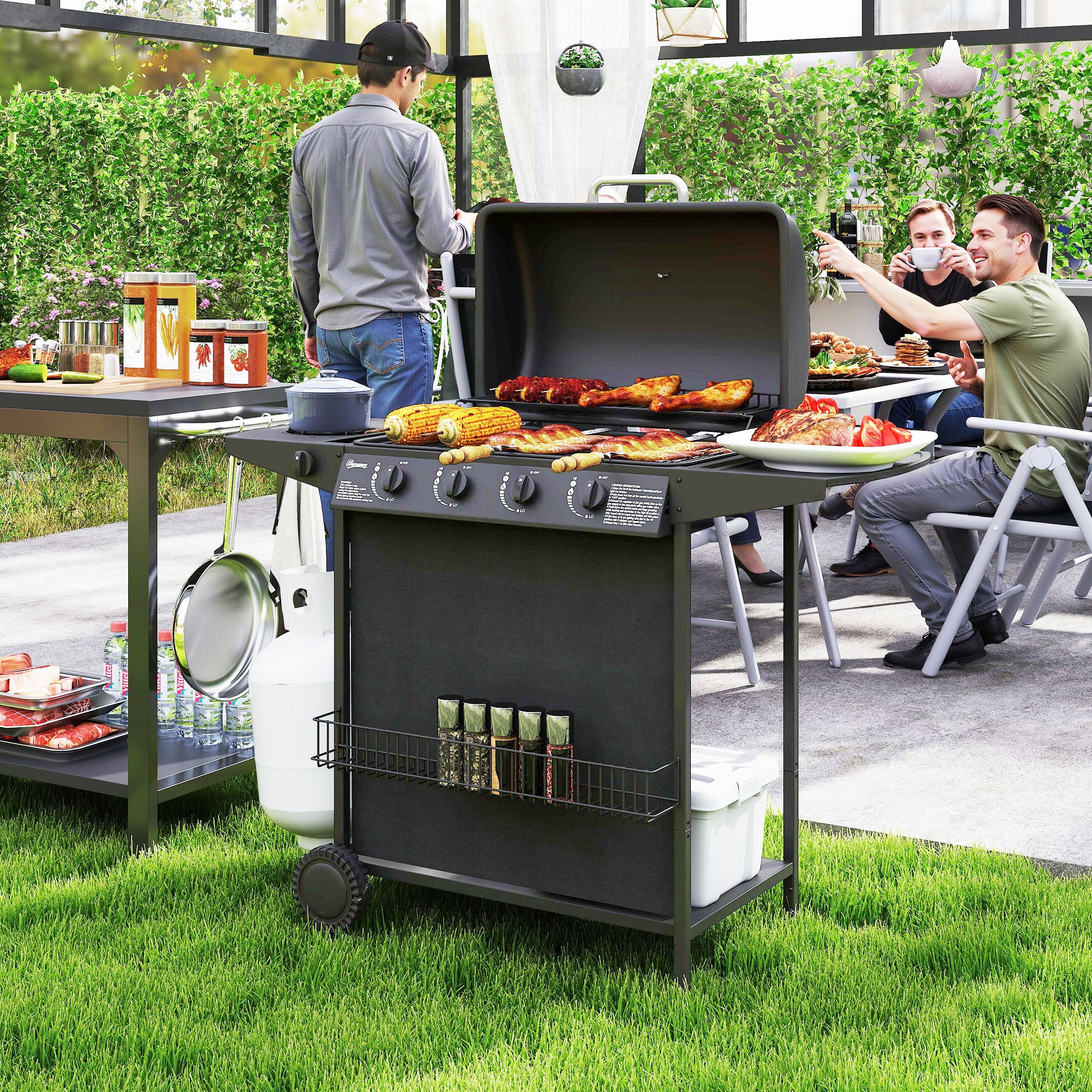 4+1 Burner Gas BBQ Grill, Portable Gas Barbecue Grill with Built-in Thermometer, Lid, Side Table, Shelf, Spice Rack, Wheels, Grease Cup for Garden Party Outdoor Cooking, Black