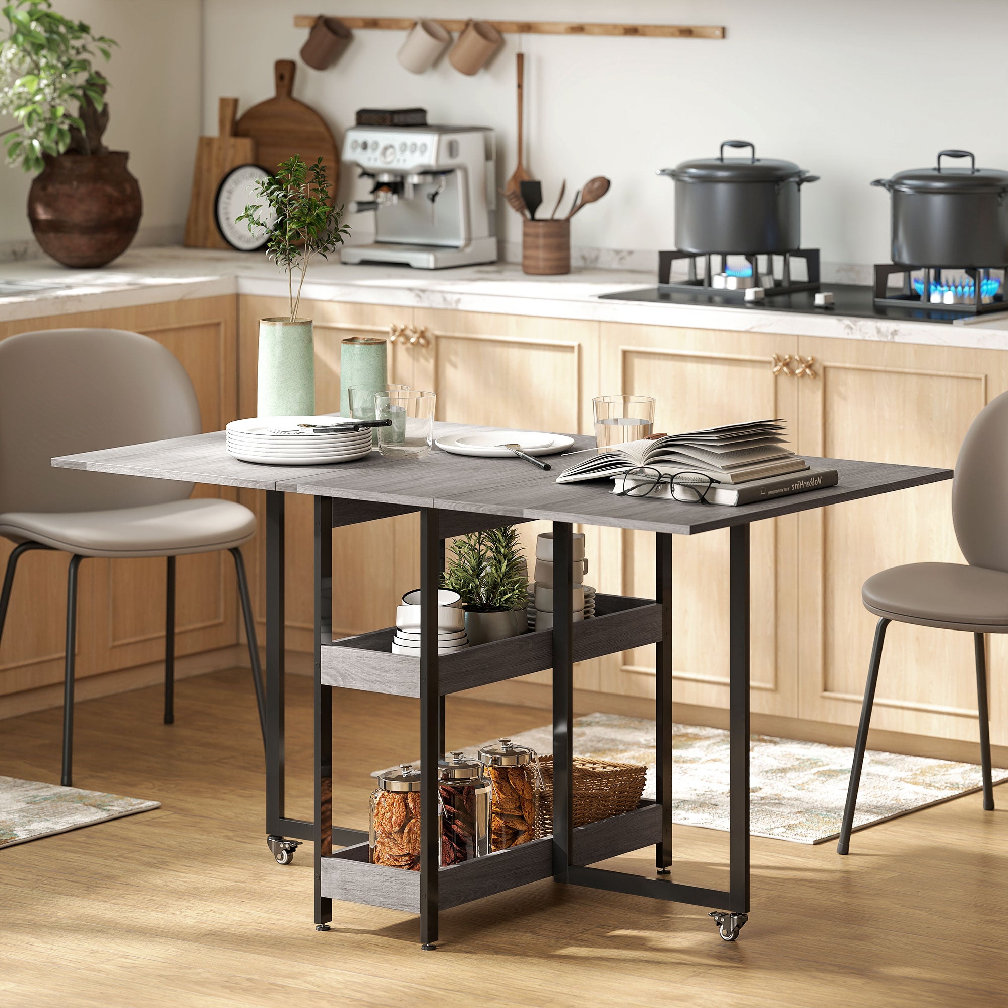 Four-Person Drop Leaf Table - Grey Wood-Effect