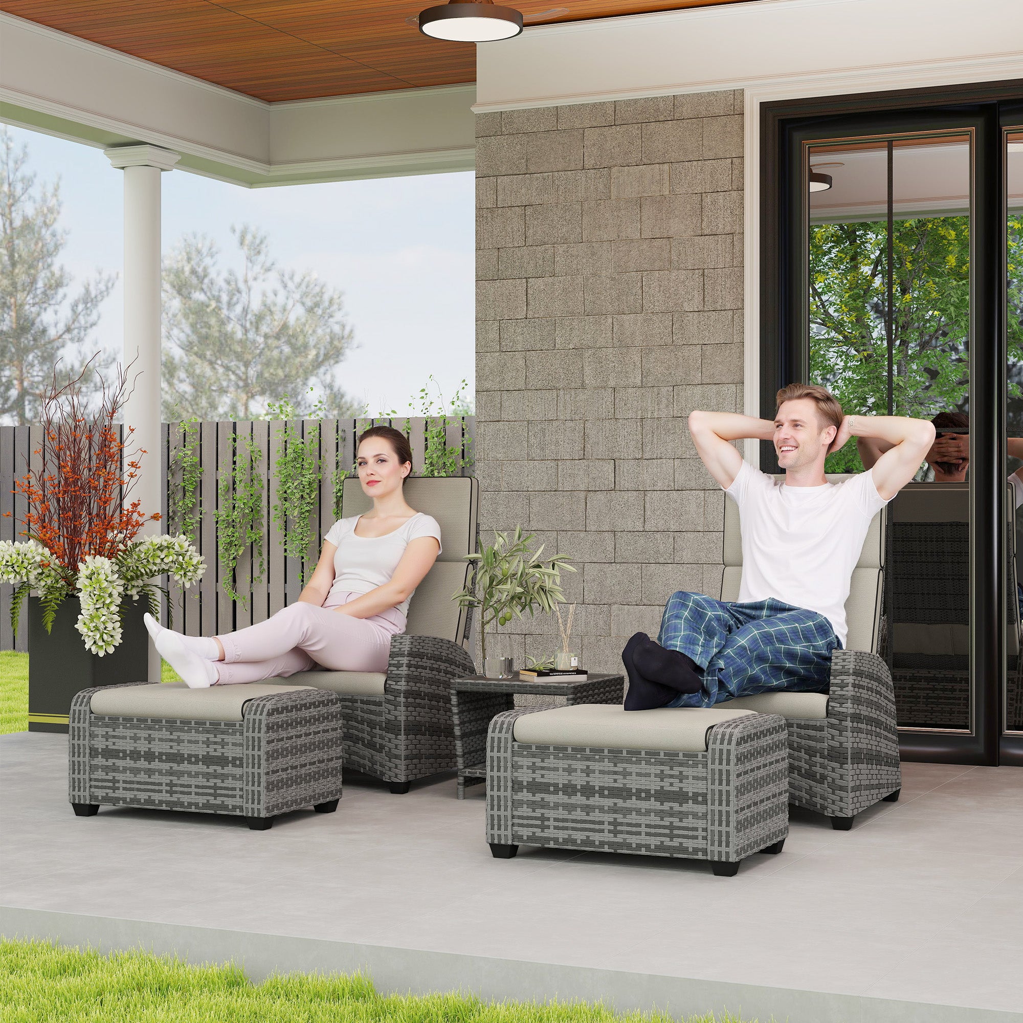 5 Piece Rattan Garden Furniture Set with Cushions - Grey