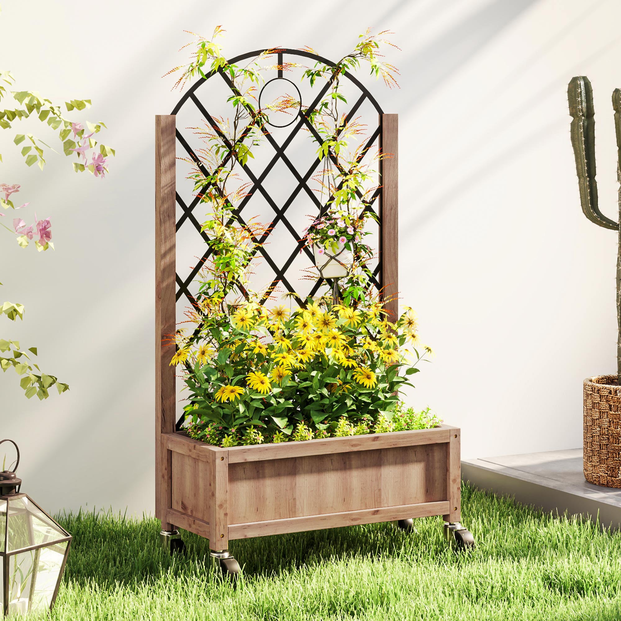 Wooden Planter with Metal Trellis and Wheels - Brown Black