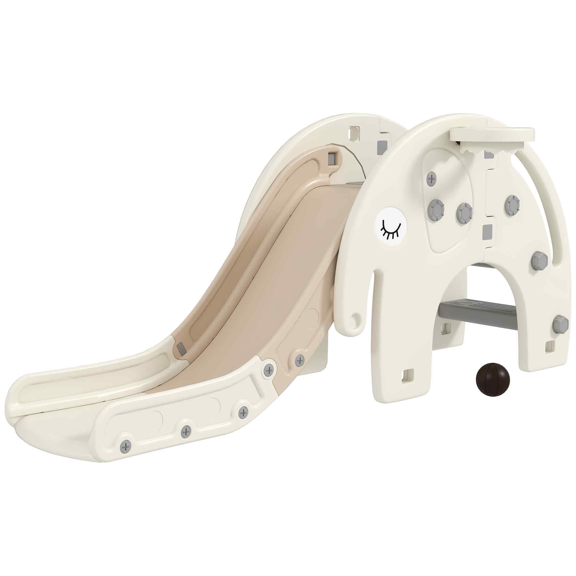 3 in 1 Toddler Slide with Basketball Hoop, Climber, Elephant-Themed, for 1-3 Years, Cream White