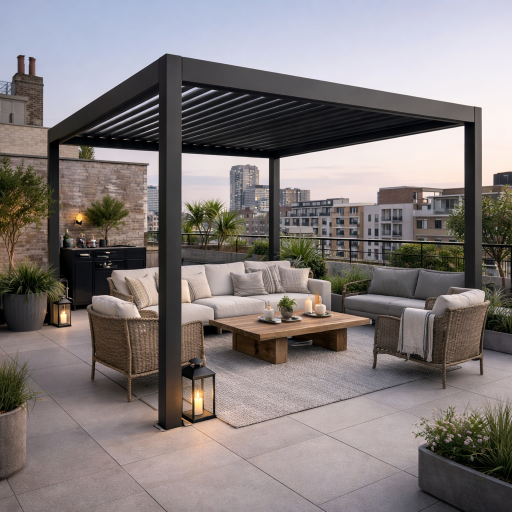 3 x 3(m) Electric Louvered Pergola with LED Lights, Aluminium Pergola Hardtop Gazebo with Remote, Adjustable Roof and Drainage System, Water and UV Proof
