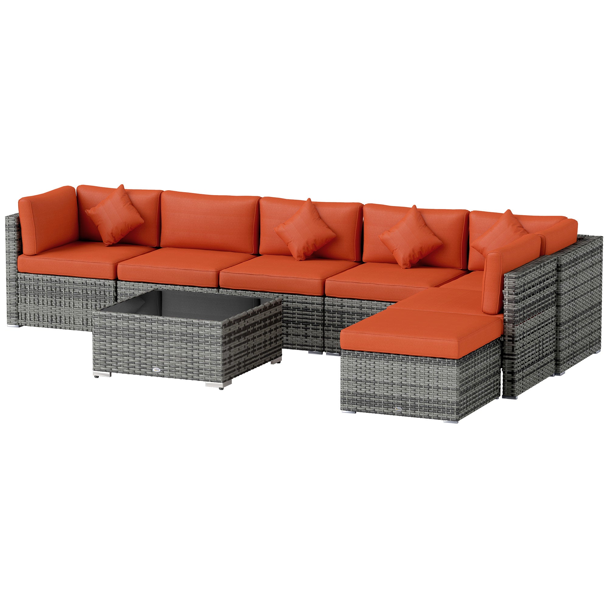 8 Piece Steel Frame Rattan Sofa Set with Cushions - Orange Grey