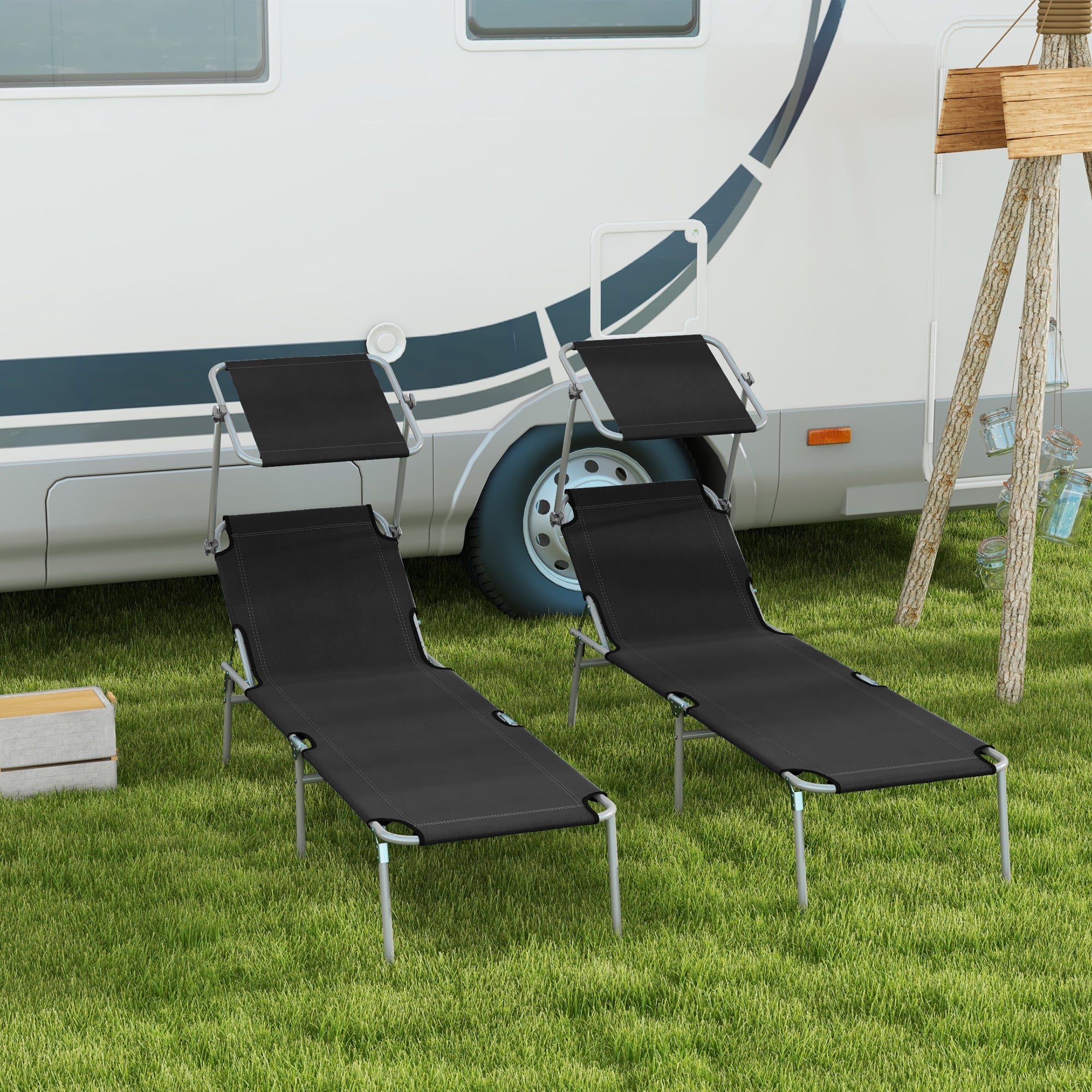 Foldable Sun Lounger Set of 2 with Adjustable Backrest & Sun Shade - Black