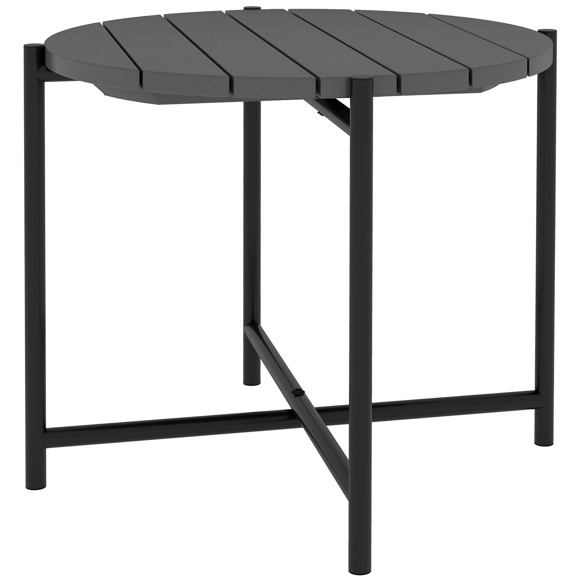 54 cm Round Outdoor Side Table, Industrial Small Garden Table with Slatted Wood Top and Metal Frame, Dark Grey