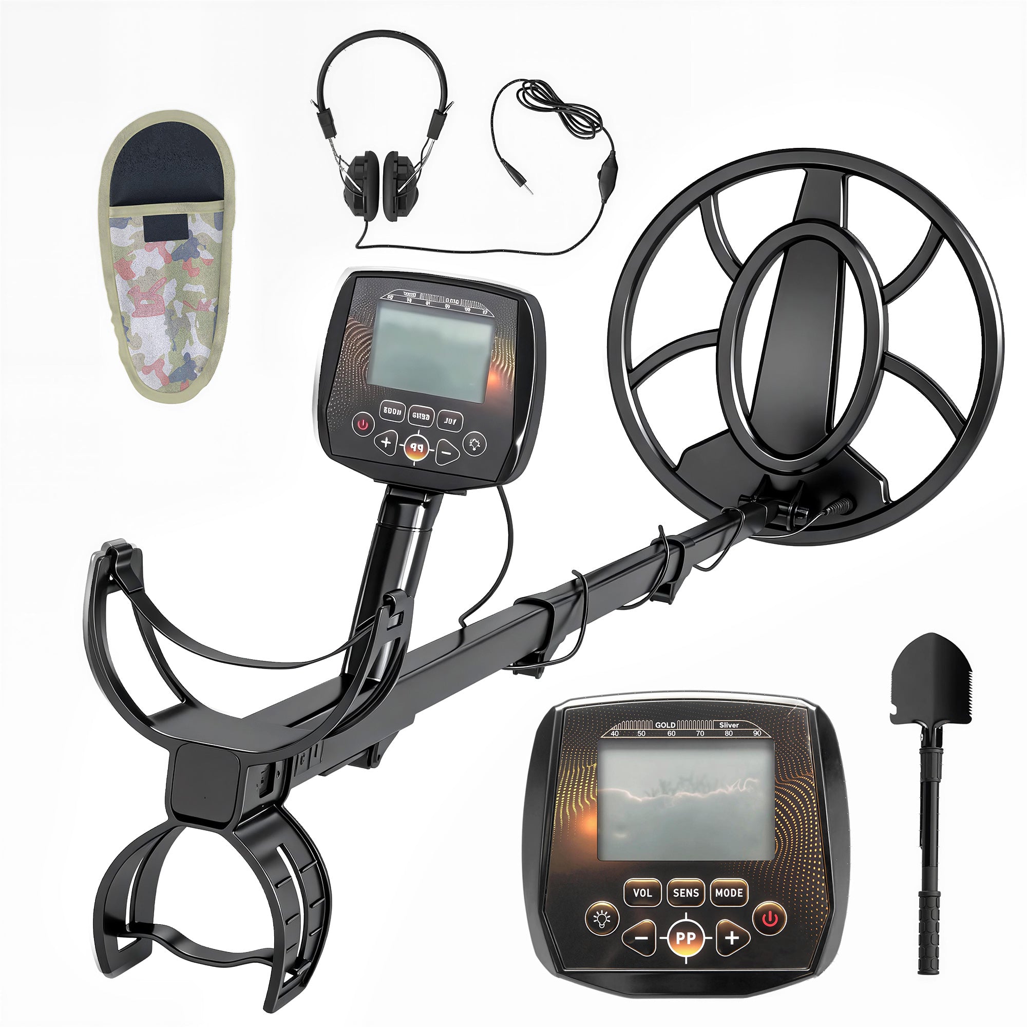 Metal Detector for Adults, IP68 Waterproof Search Coil with LCD Display, 5 Modes Gold Detector with Carry Bag, Shovel