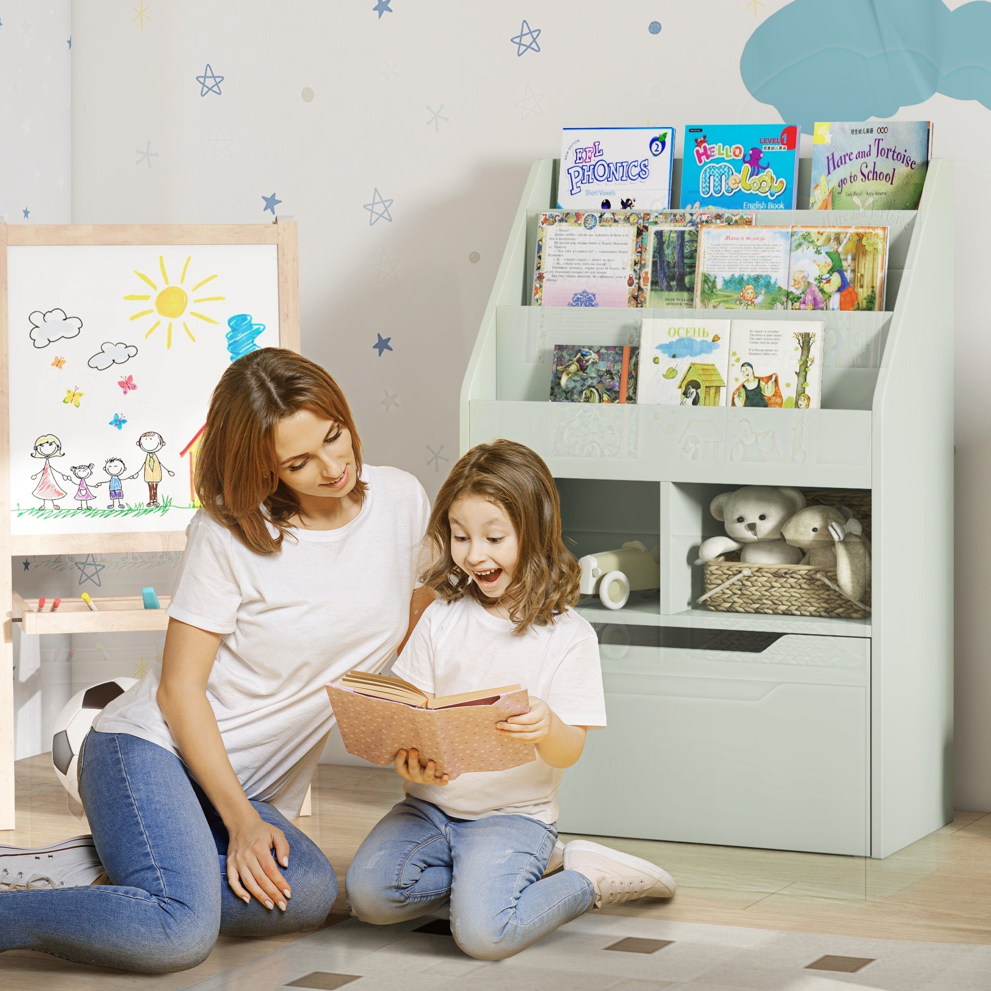 Kids Bookshelf with Storage Drawer and Wheels for Children 3-12 Years - Green