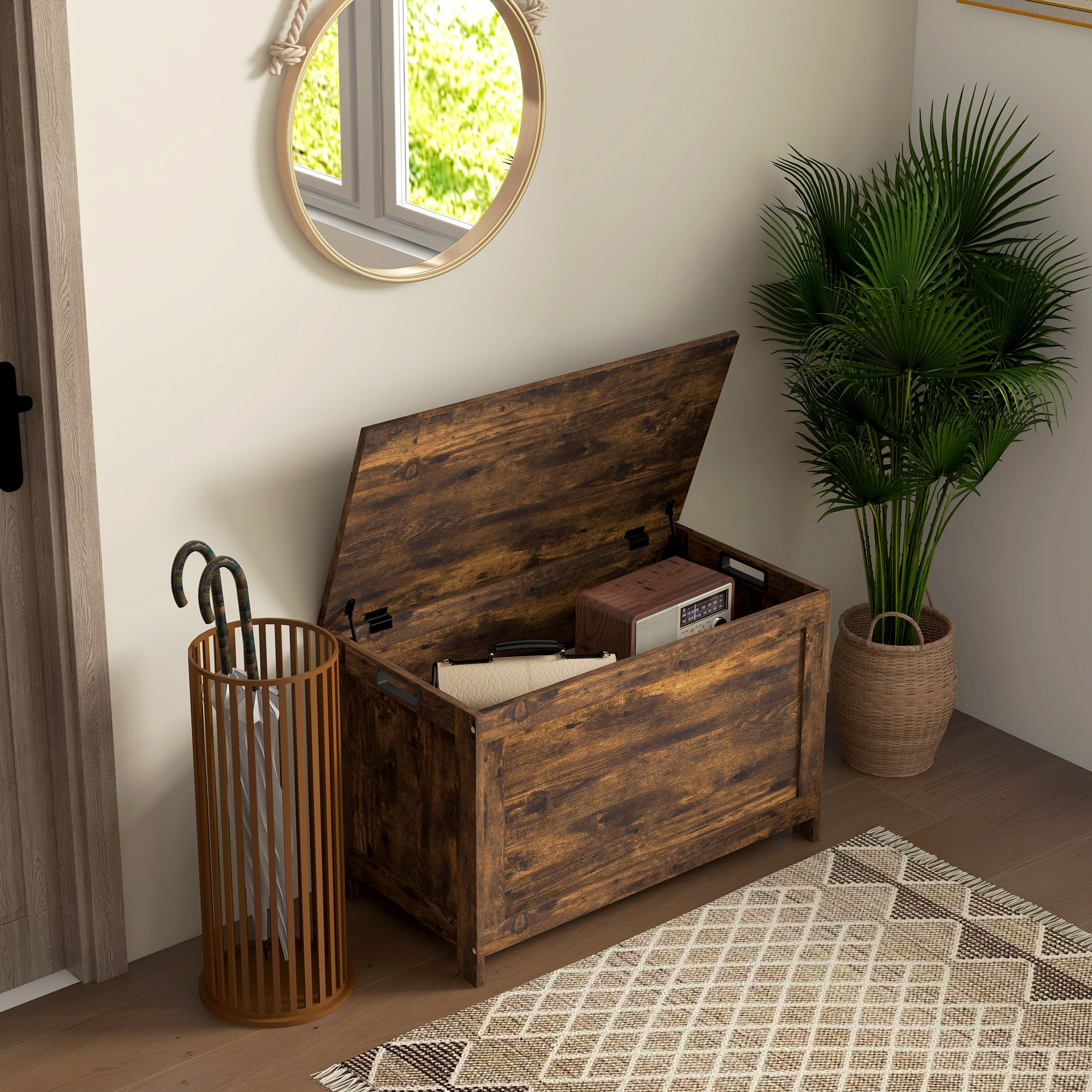 Storage Chest, Modern Storage Trunk with 2 Safety Hinges and Cut-out Handles, Wooden Toy Box for Living Room, Entryway, 76 x 40 x 48 cm, Rustic Brown