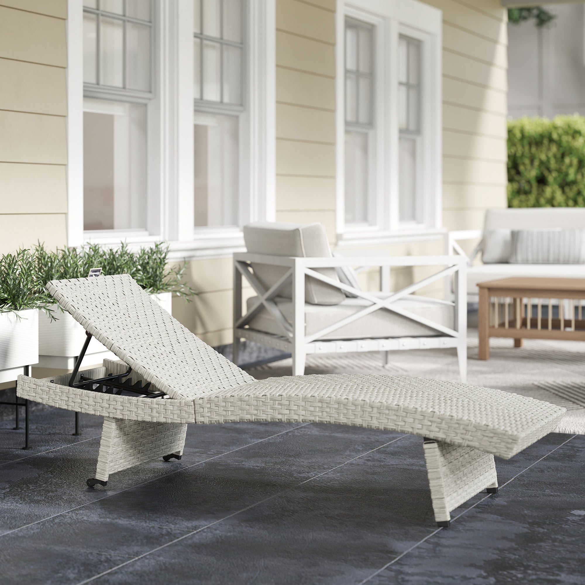 Outdoor PE Rattan Sun Lounger with Adjustable Backrest and Wheels - Grey