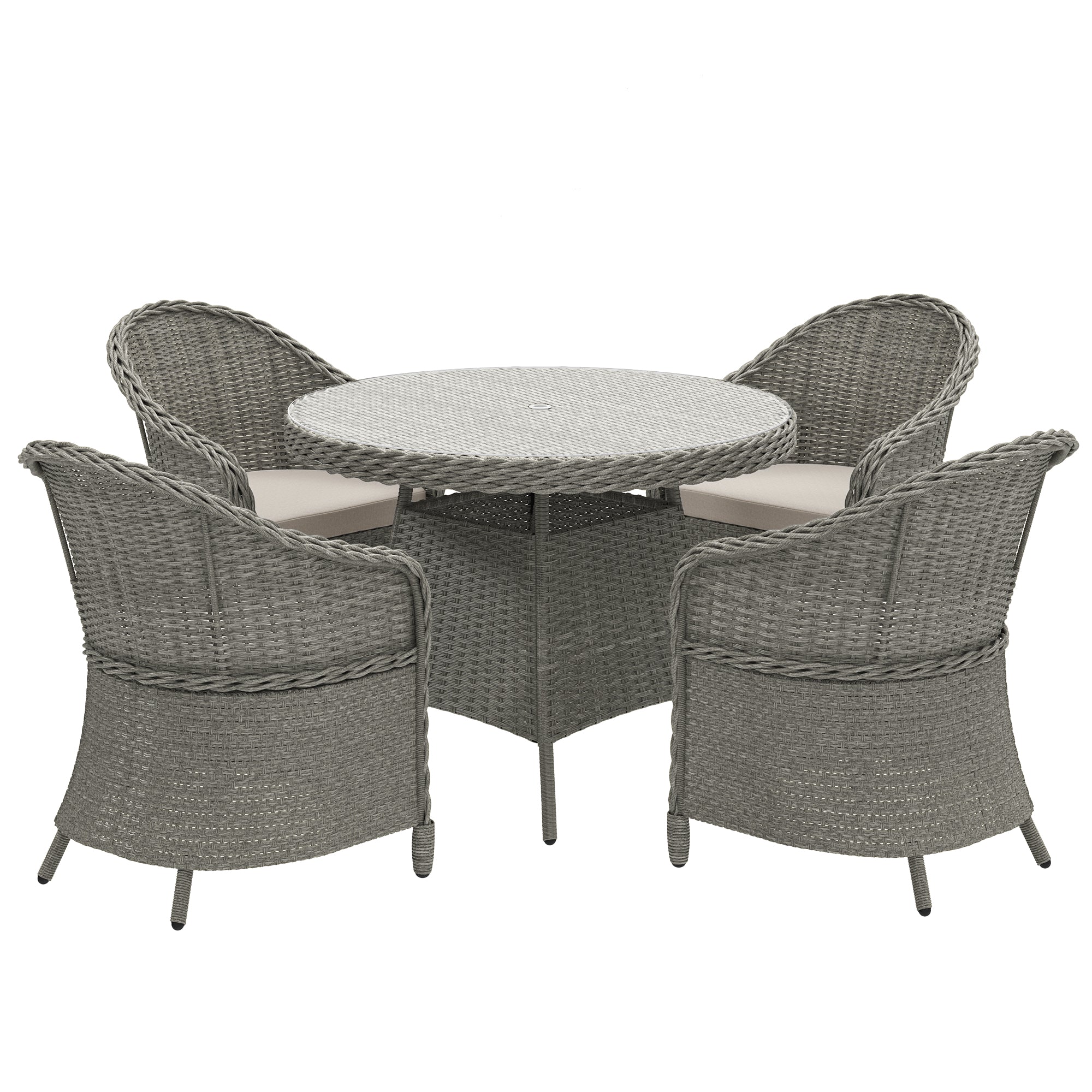 4 Seater Round PE Rattan Garden Dining Set with Cushions and Glass-Top Table - Grey