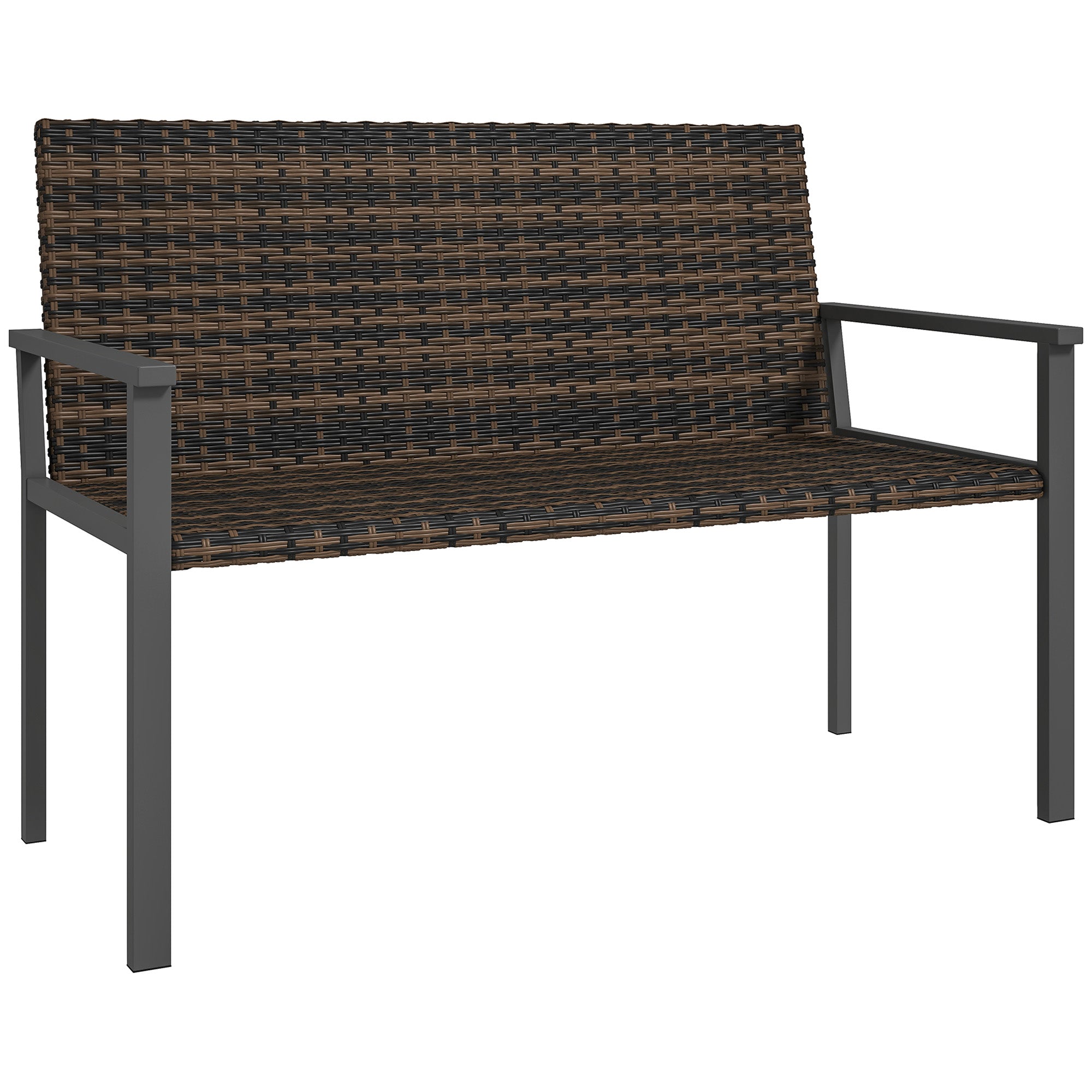 2 Seater Rattan Garden Bench, Outdoor Bench with Quick-Drying Cotton Padding, Wicker Garden Loveseat with Armrests, Steel Frame for Patio, Park, Mixed Brown