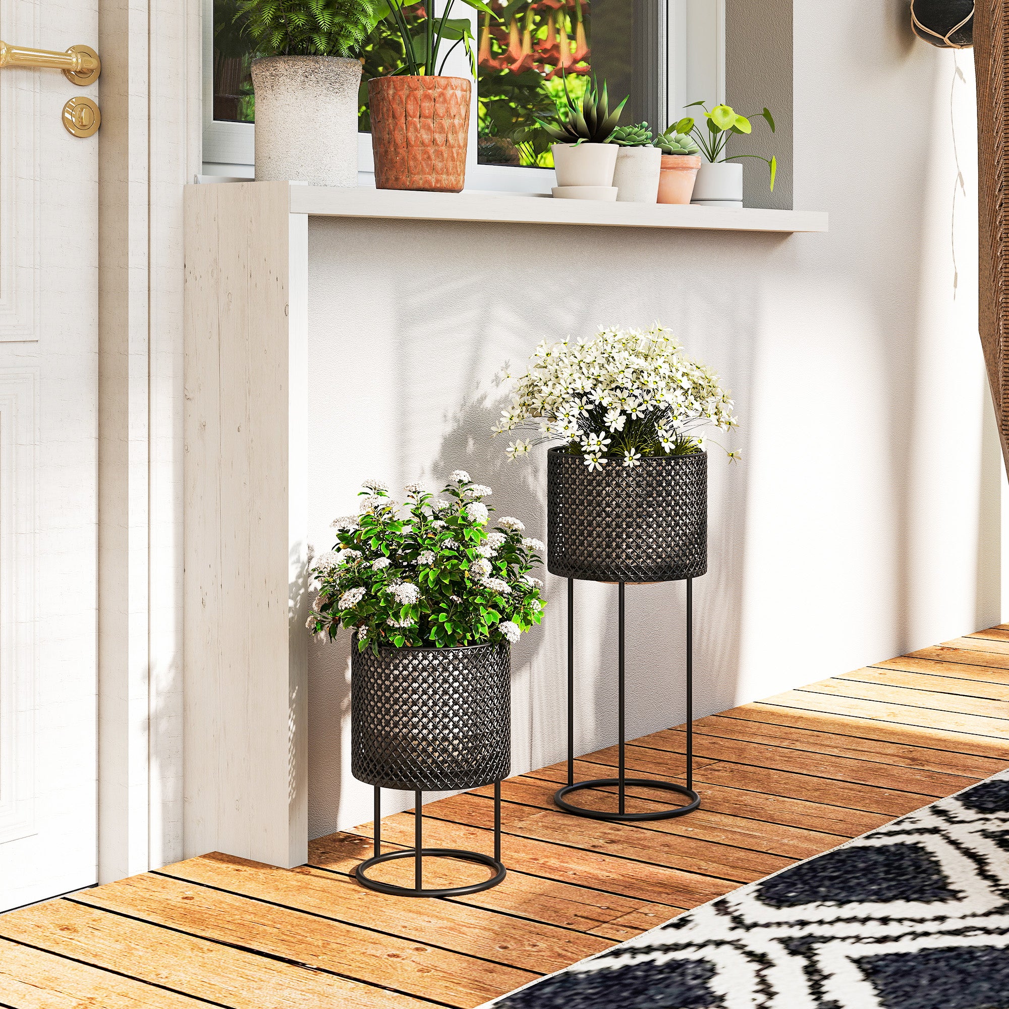 Metal Plant Pots Set of 2 with Hollow Design Flower Planters for Garden Balcony Black