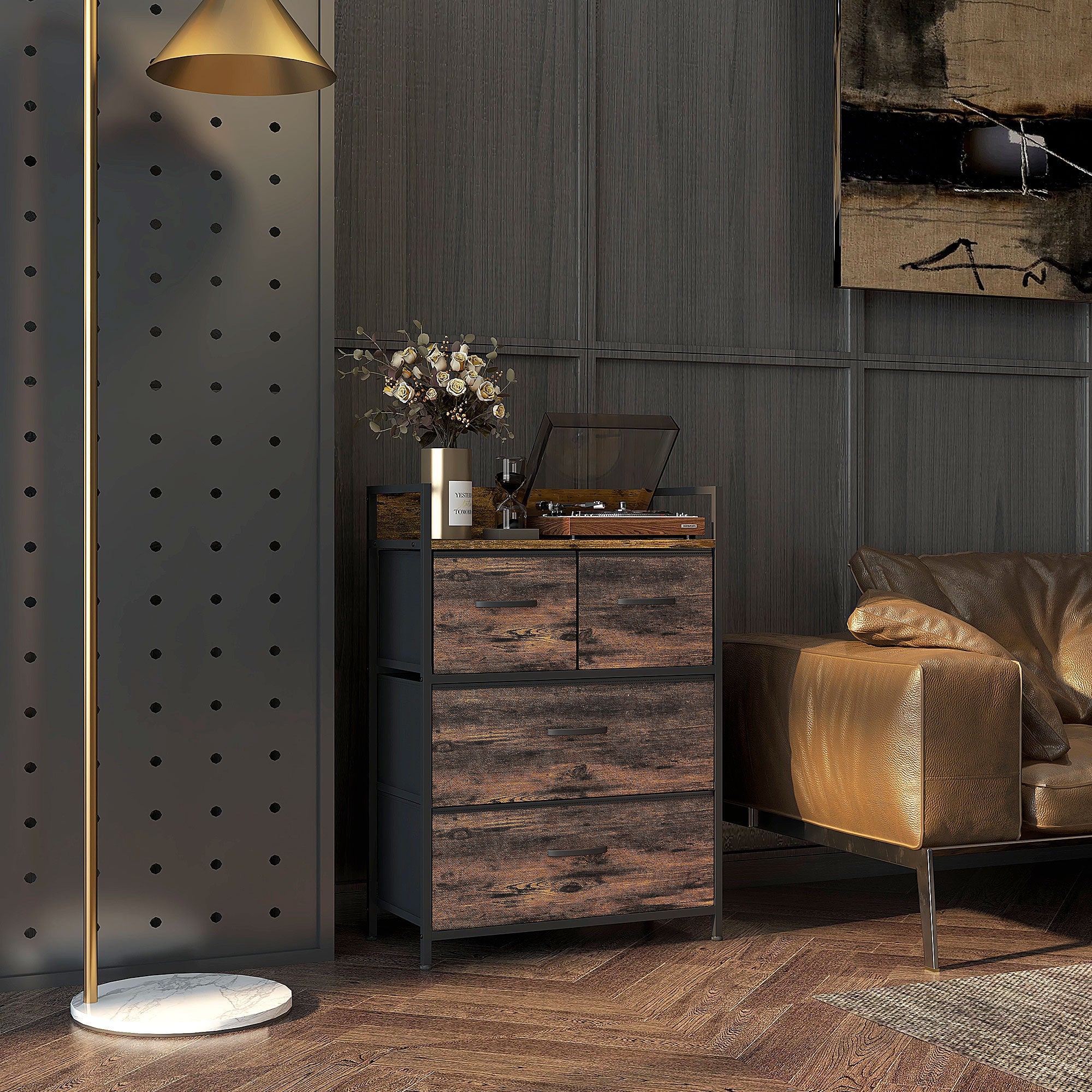 Rustic Chest of Four Fabric Drawers with Steel Frame - Rustic Brown