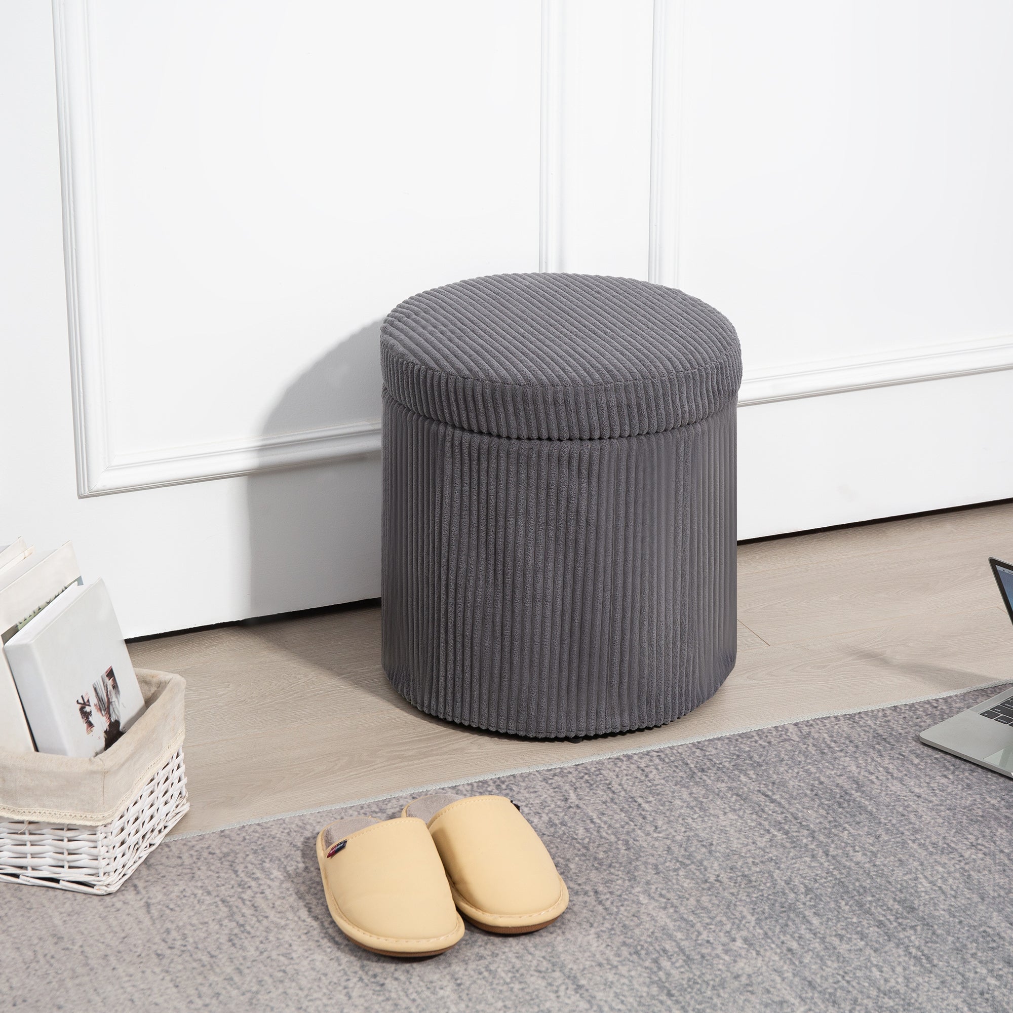40cm Round Storage Ottoman, Corduroy Footstool with Removable Lid and Legs, Vanity Stool for Living Room, Bedroom, Grey