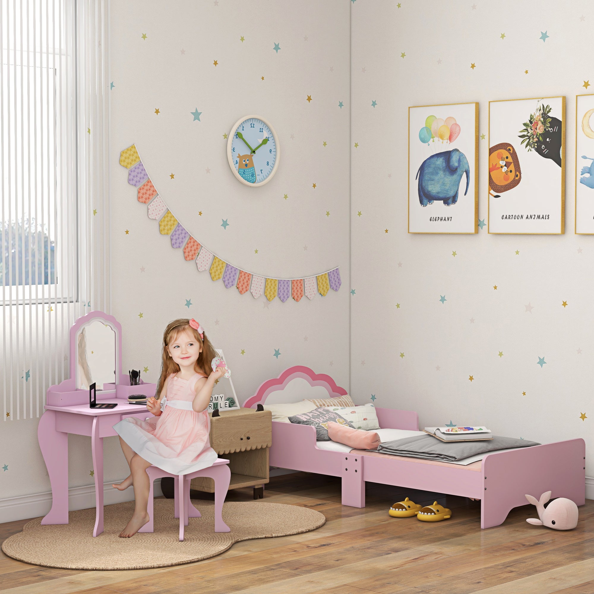 ZONEKIZ Wooden Kids Bedroom Furniture Set with Dressing Table and Stool - Cloud Design