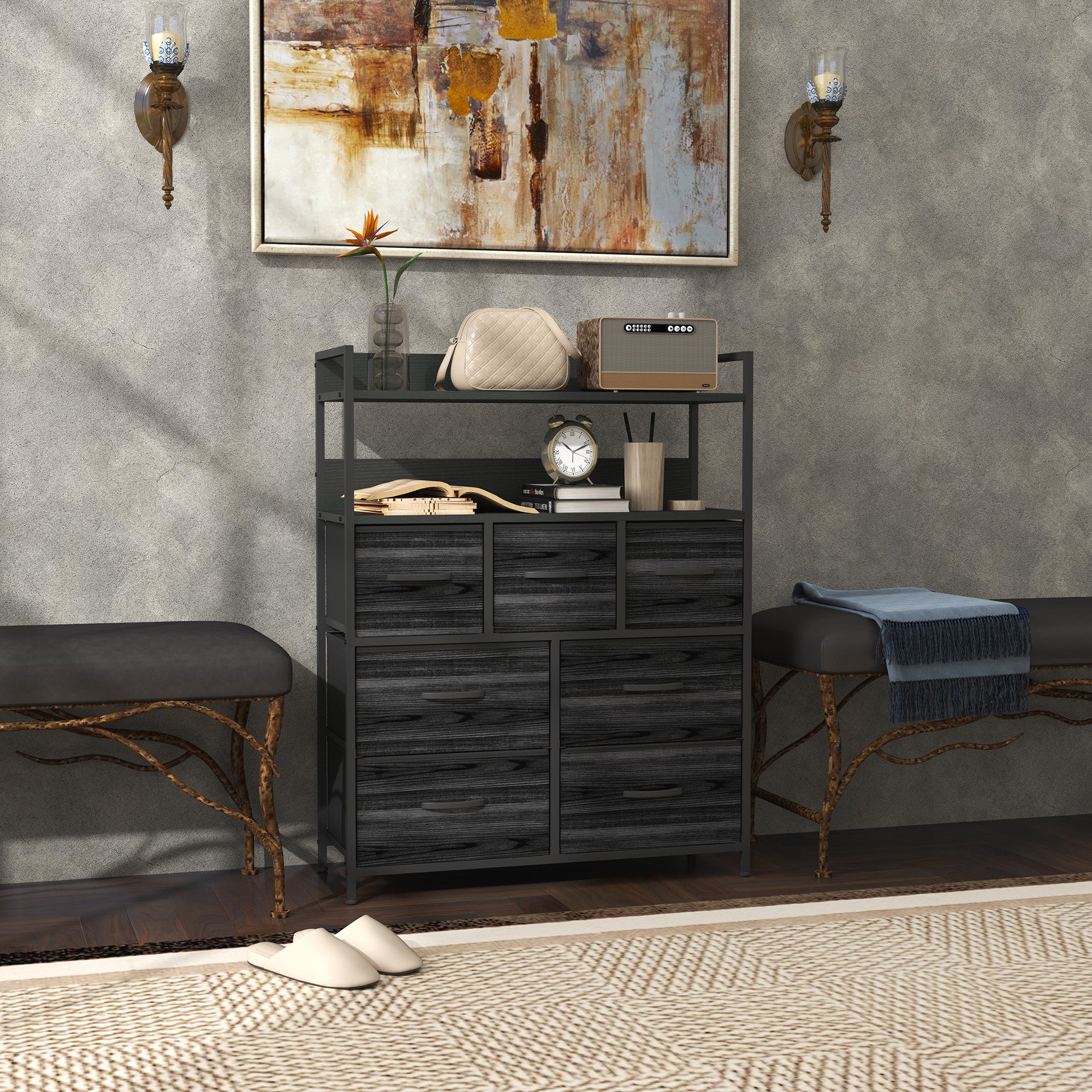 Rustic Chest of Seven Fabric Drawers with Steel Frame - Black