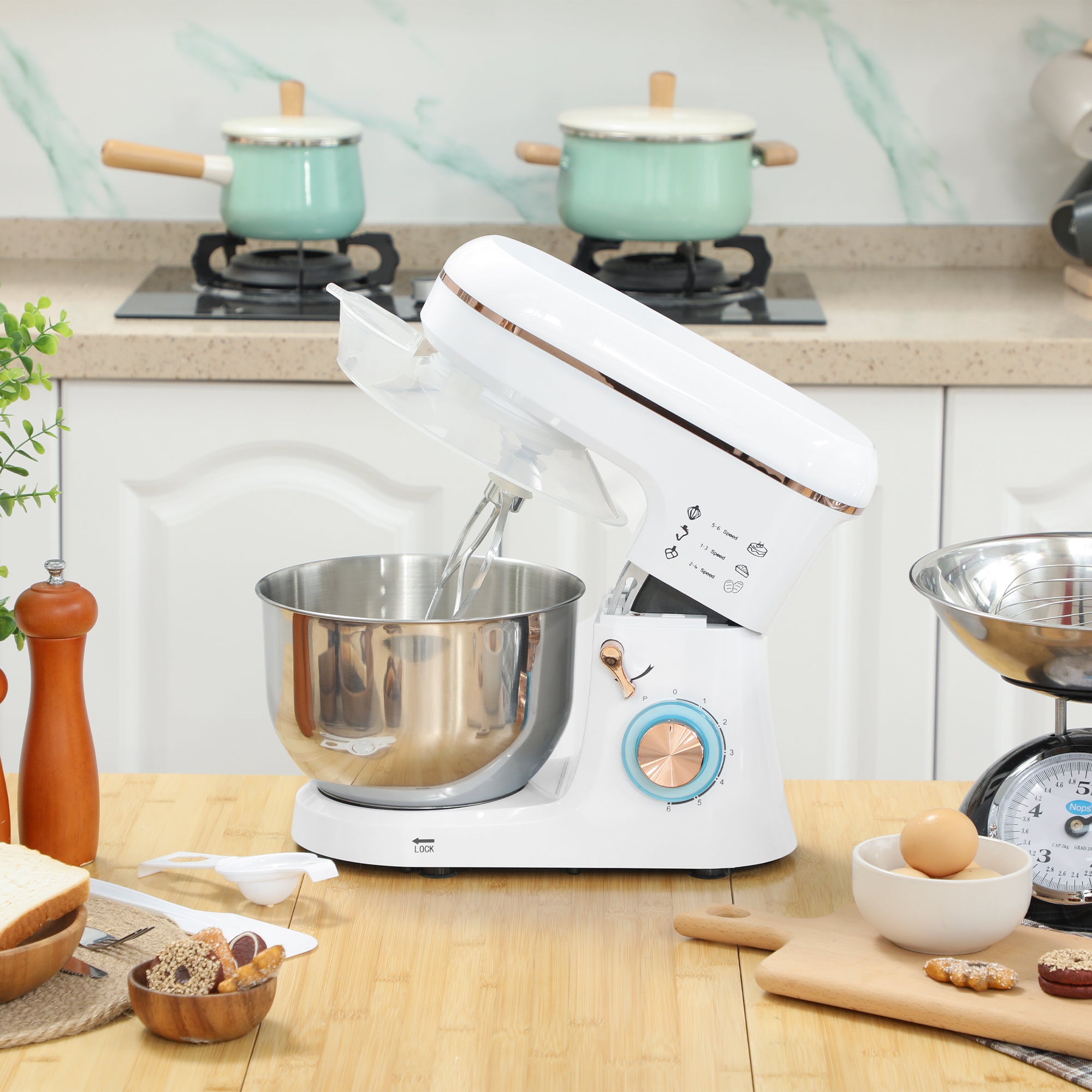 Stand Mixer, 5L Food Mixer for Baking, 6 Speeds and Pulse Setting, 1400W Cake Electric Kitchen Mixer with Dough Hook, Whisk, Stainless Steel Bowl, Splash Guard, Beater, White