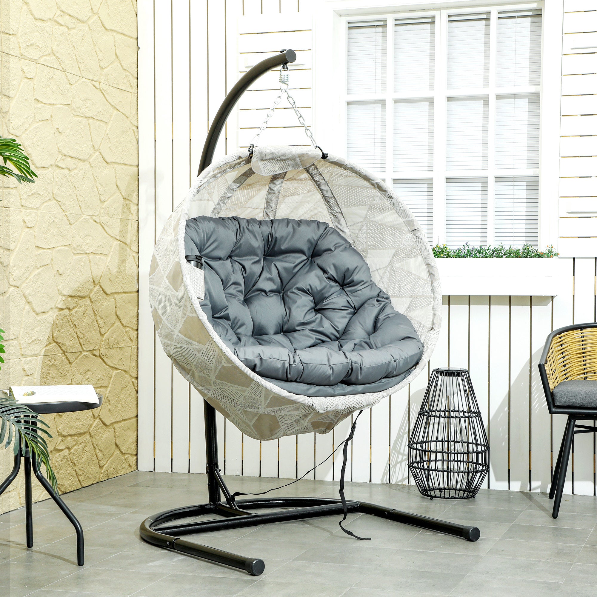 Hanging Egg Chair with Stand and Thick Cushion - Grey