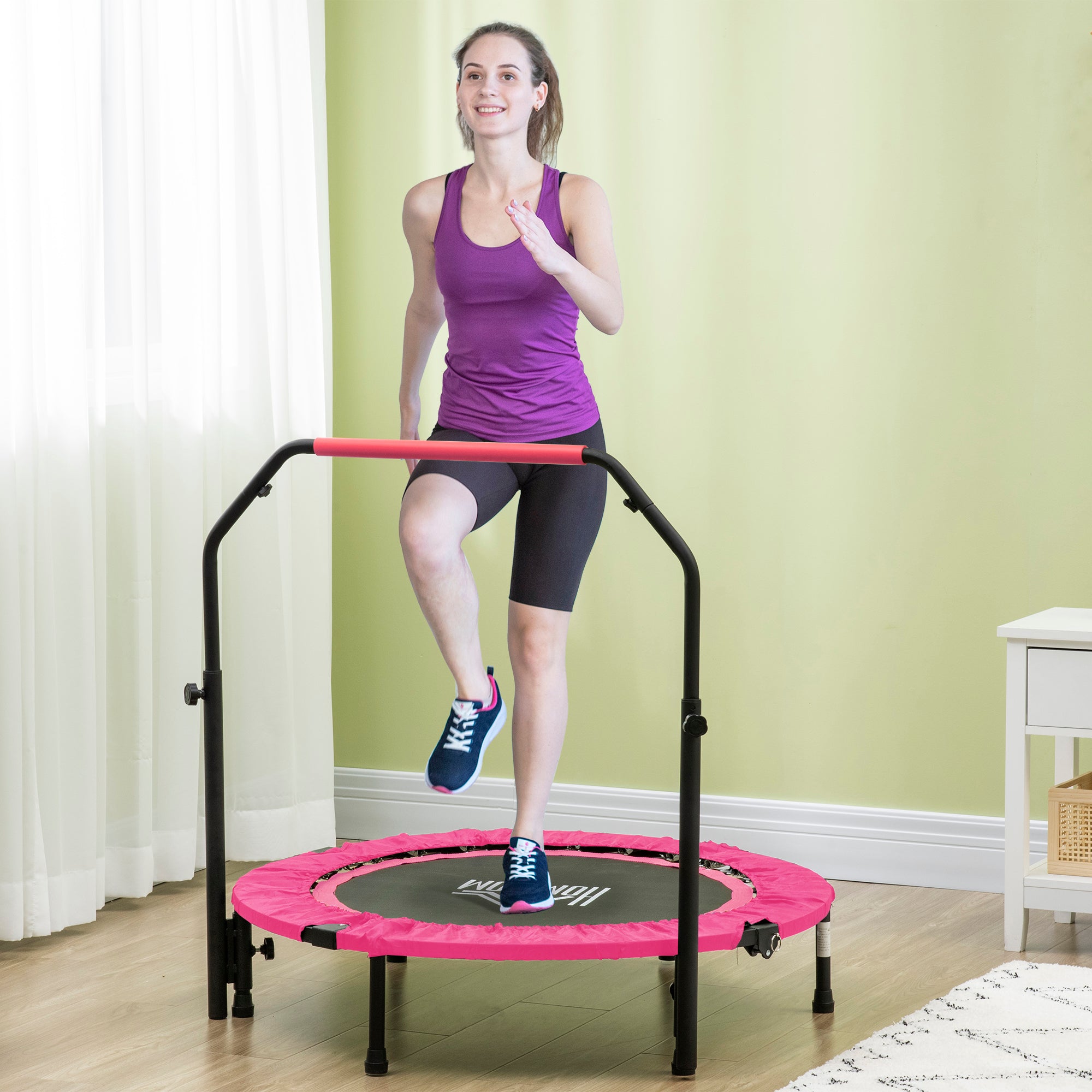 40" Foldable Mini Fitness Trampoline, with Adjustable Foam Handle, Pink
