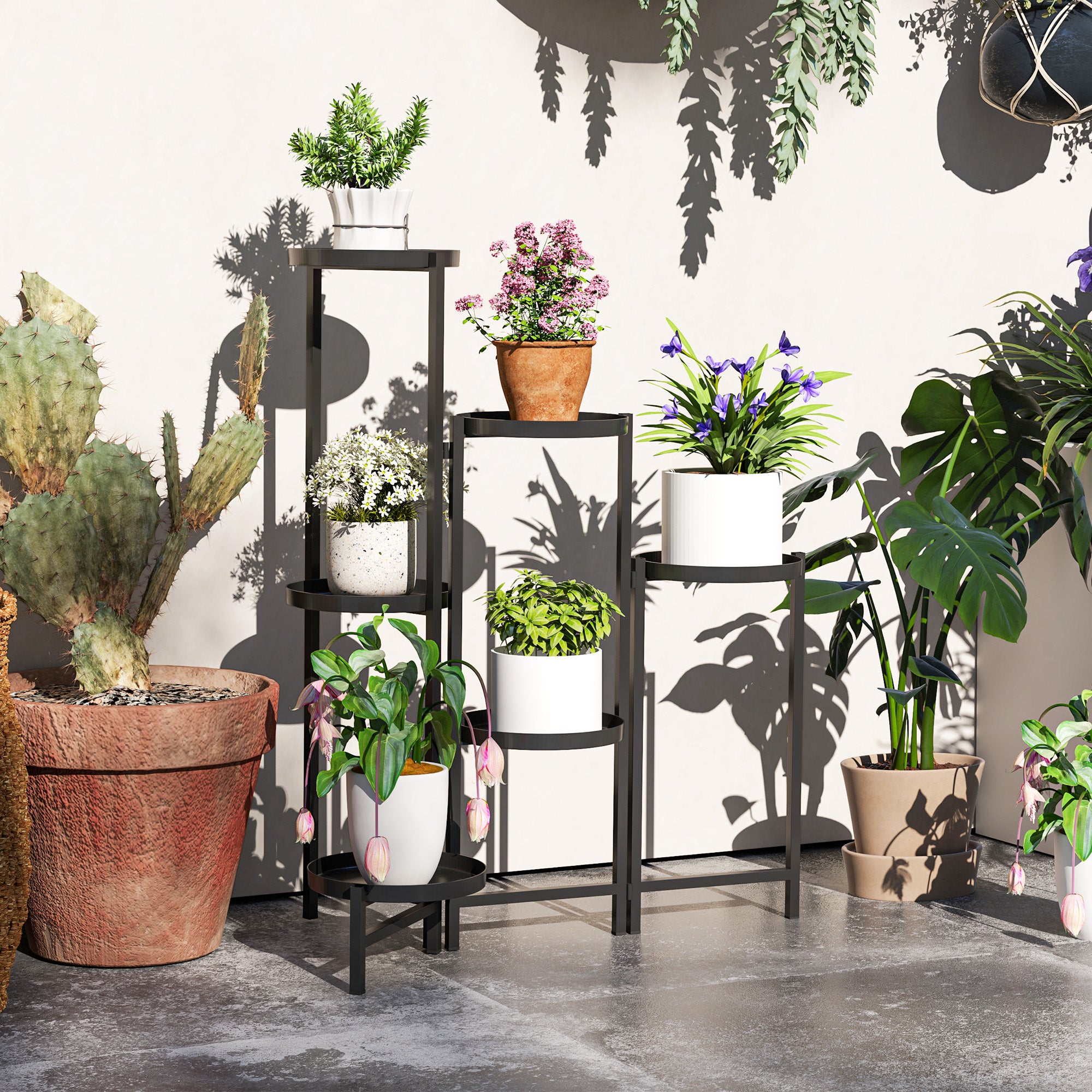 3 Tier Foldable Metal Plant Stand for Indoor Outdoor Use - Black