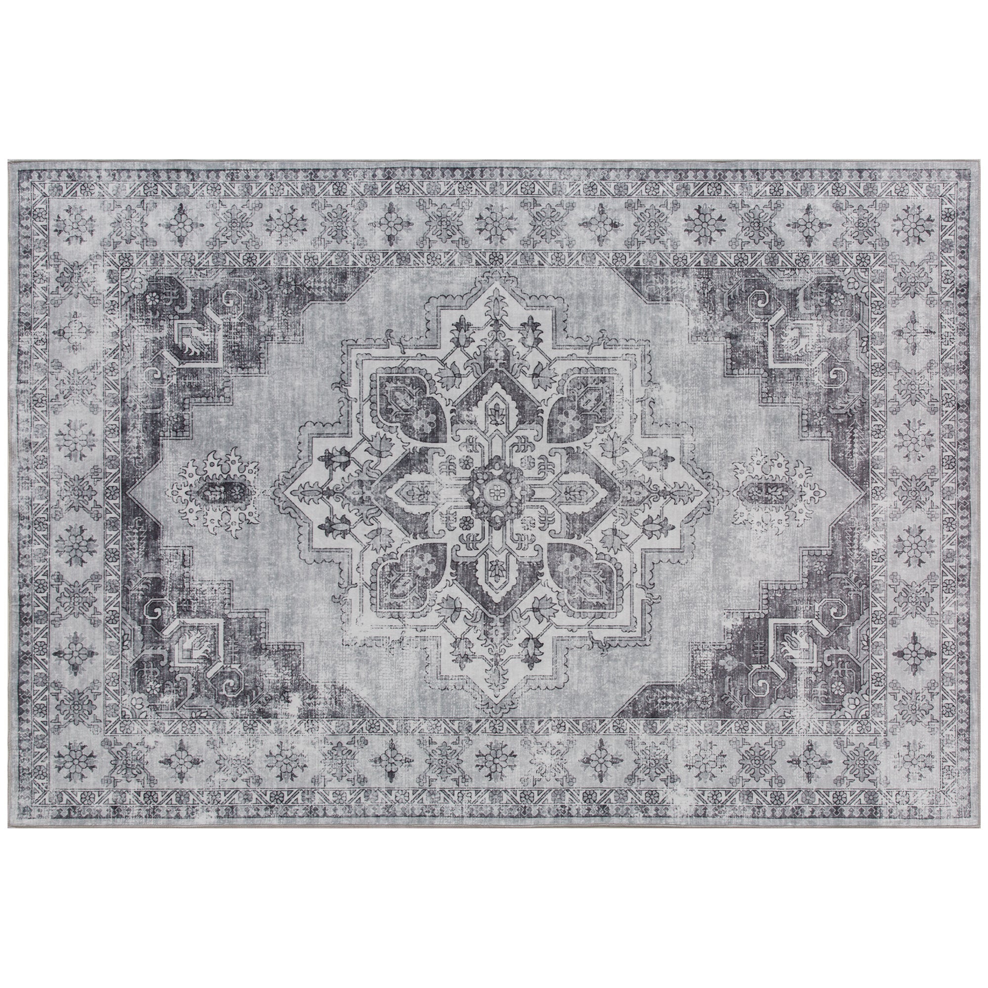 Vintage Area Rug, Non-Slip Washable Rug, Flannel Floor Carpet for Living Room, Bedroom, Dining Room, Home Office, 170 x 120 cm, Grey