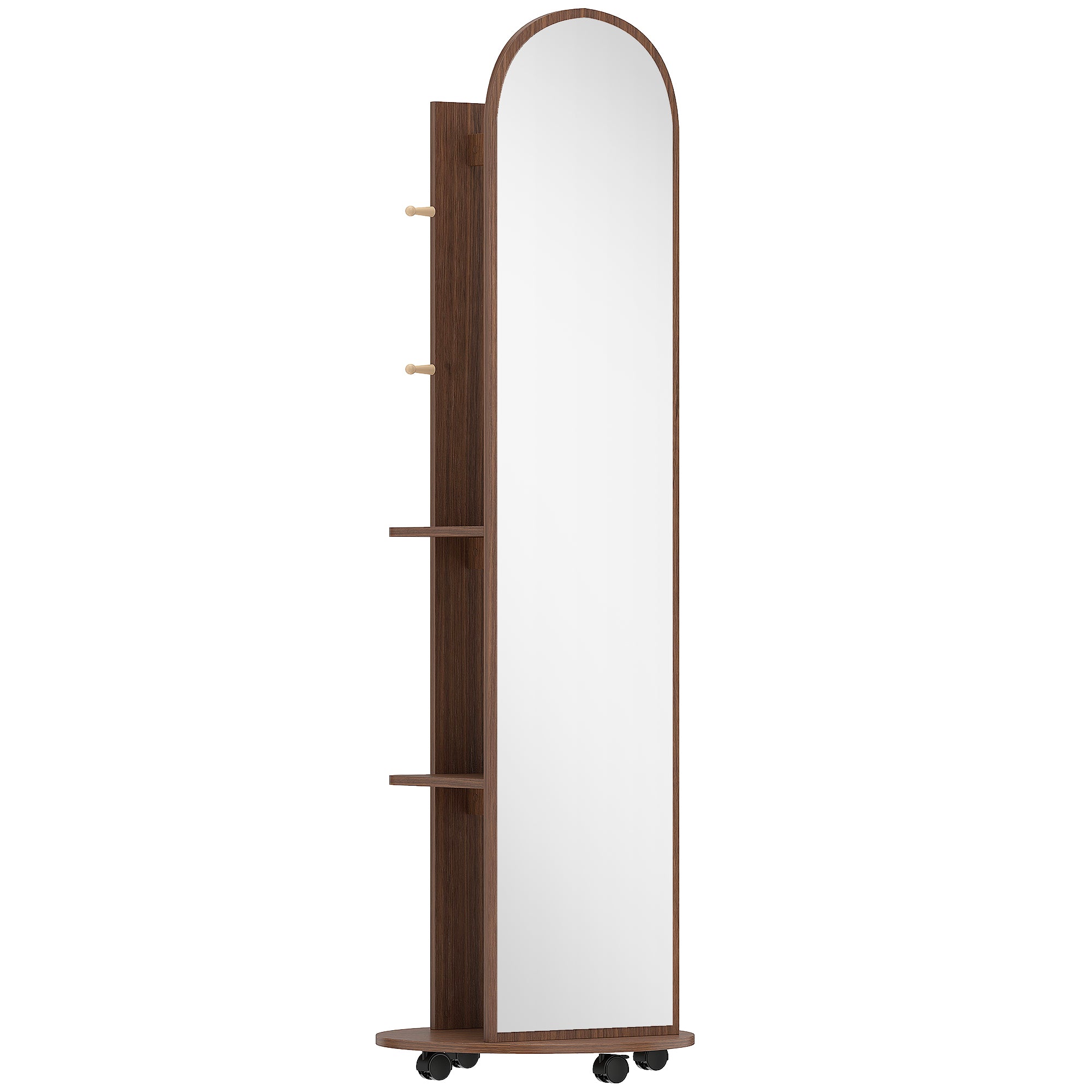 2-in-1 Full Length Mirror with Storage Shelves, Floor Mirror with 4 Wheels, Coat Rack, Hooks, Brown Wood Effect